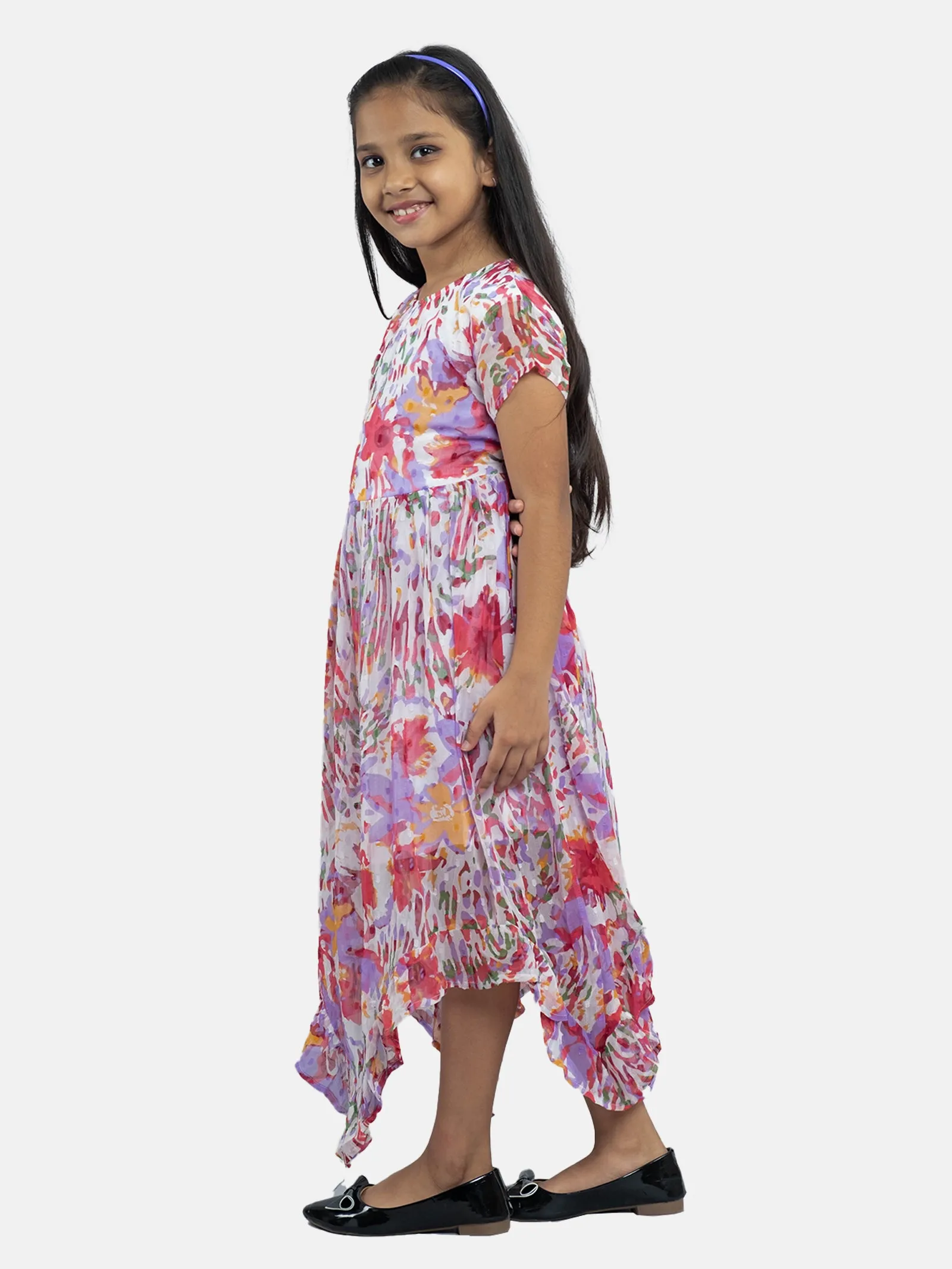 Girls Cap Sleeves Asymmetric Frill Hem Dress