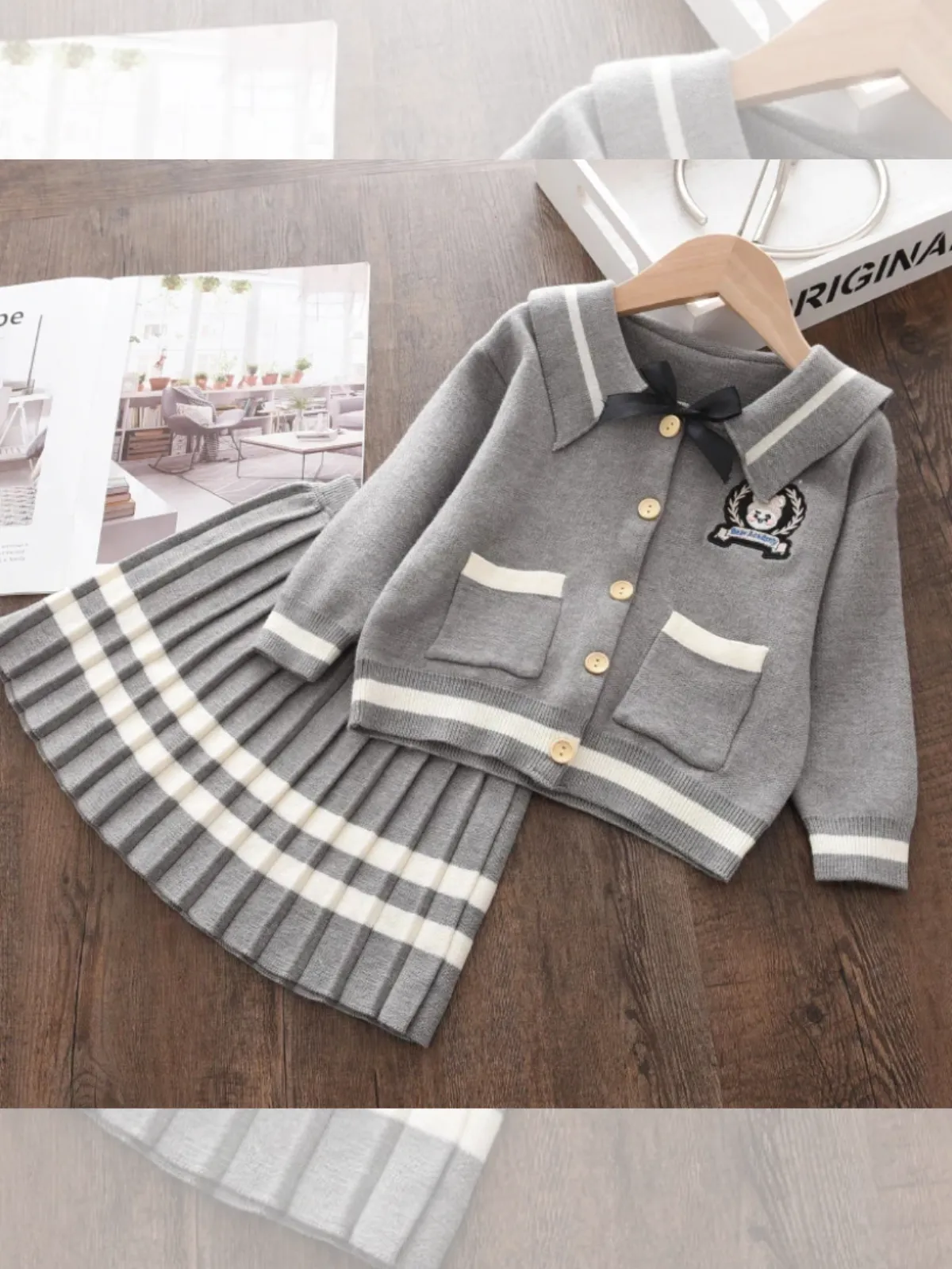 Girls Classic Grey Knitted Cardigan and Pleated Skirt Set