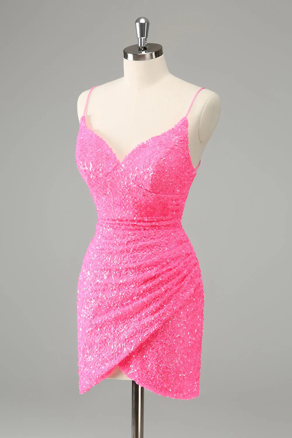 Glitter Hot Pink Bodycon Spaghetti Straps Sequins Mini Dress