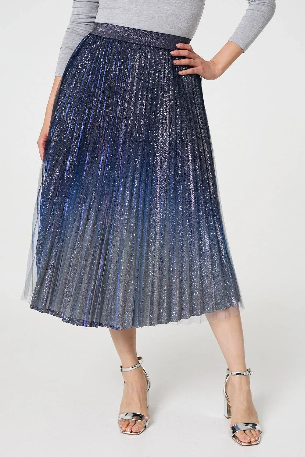 Glittery Sheer Mesh Pleated Midi Skirt