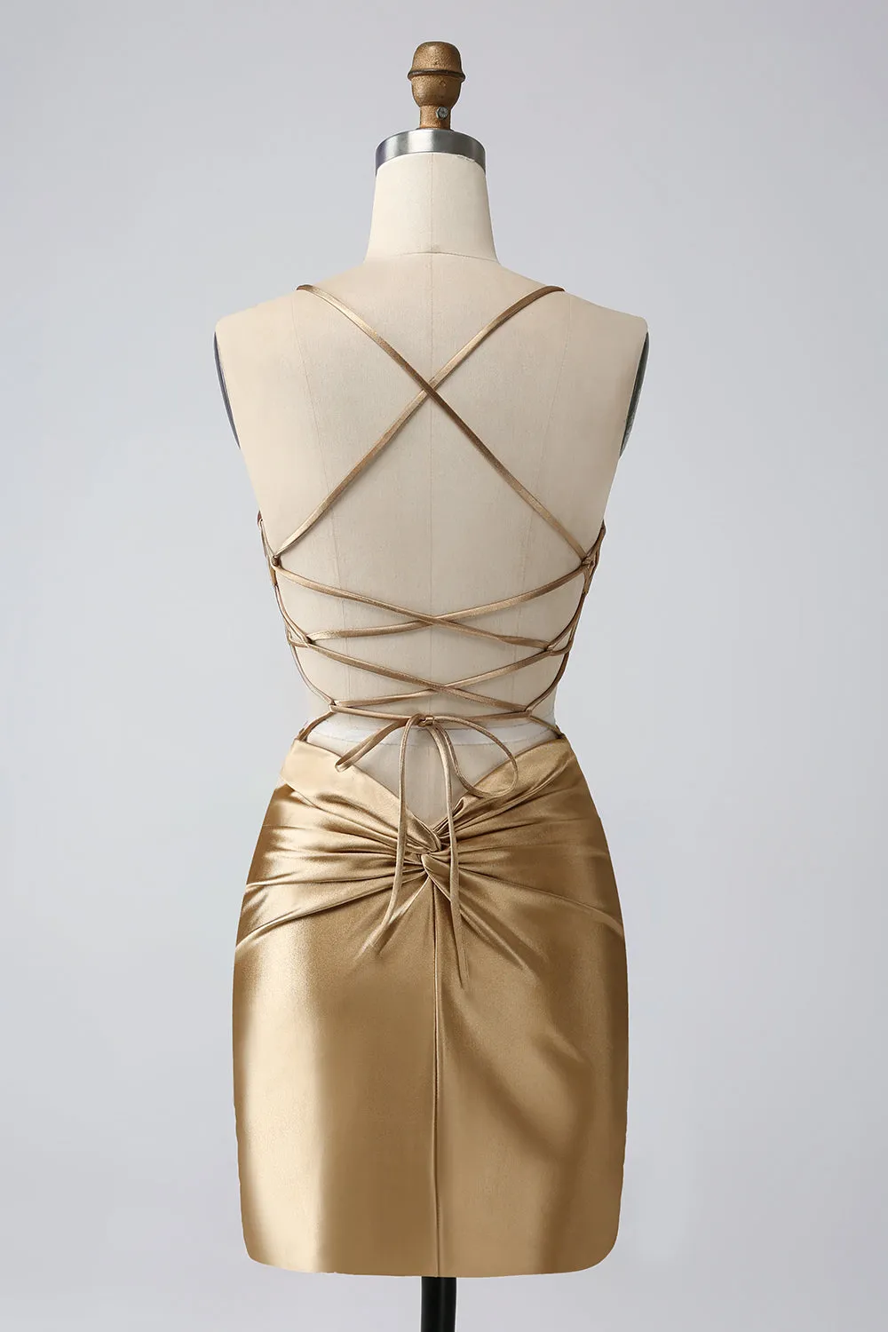 Gold Bodycon Spaghetti Straps Satin Mini Dress with Criss Cross Back