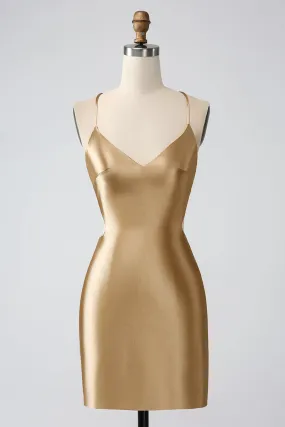 Gold Bodycon Spaghetti Straps Satin Mini Dress with Criss Cross Back