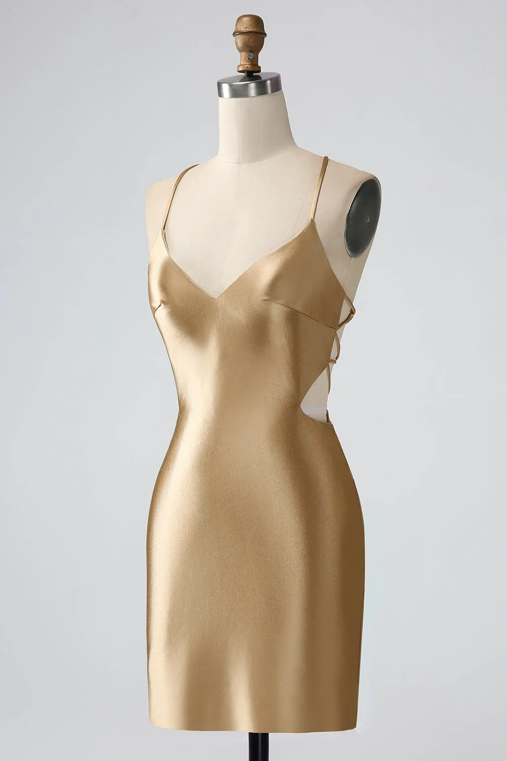 Gold Bodycon Spaghetti Straps Satin Mini Dress with Criss Cross Back