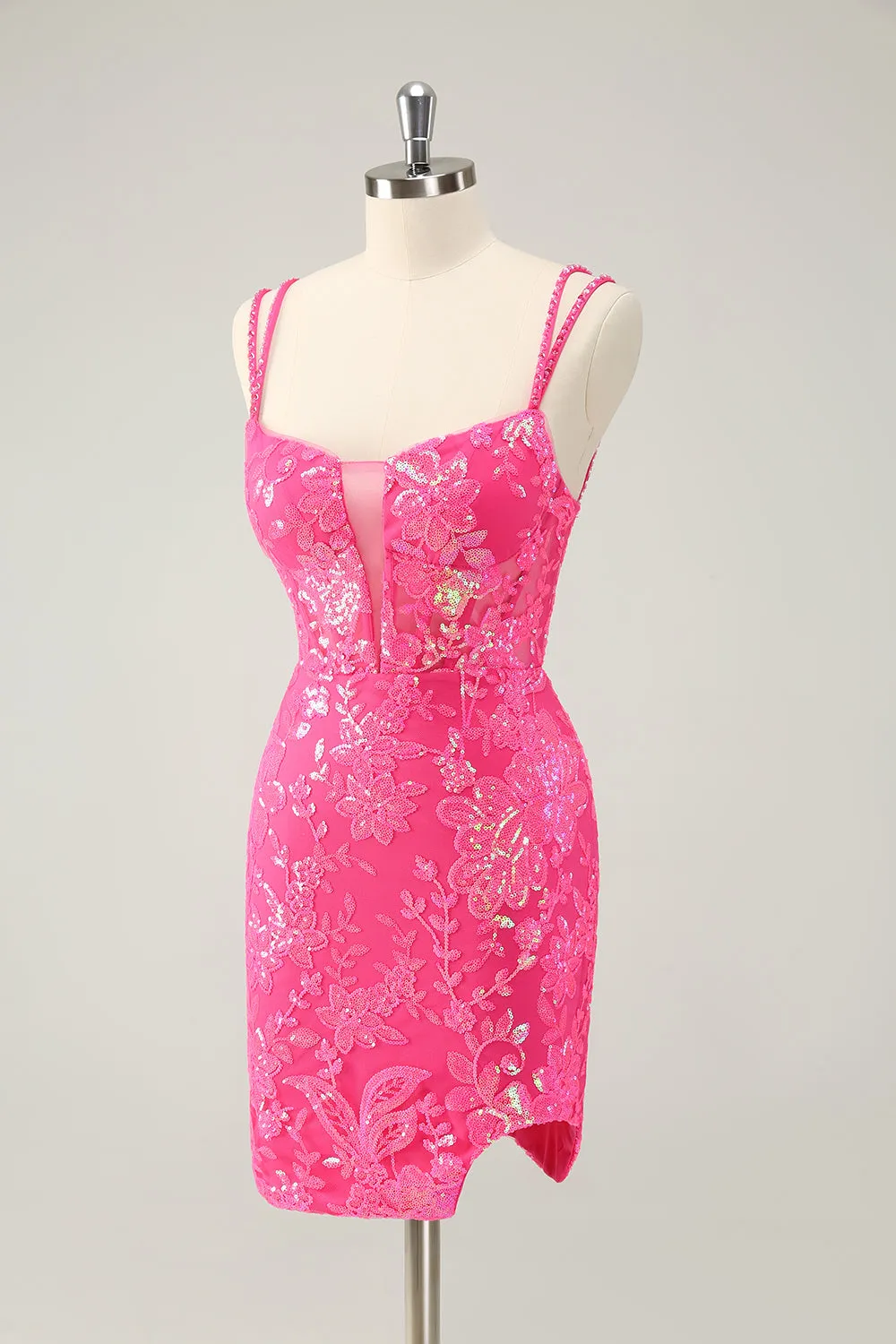 Gorgeous Hot Pink Bodycon Lace Up Glittler Mini Dress with Slit