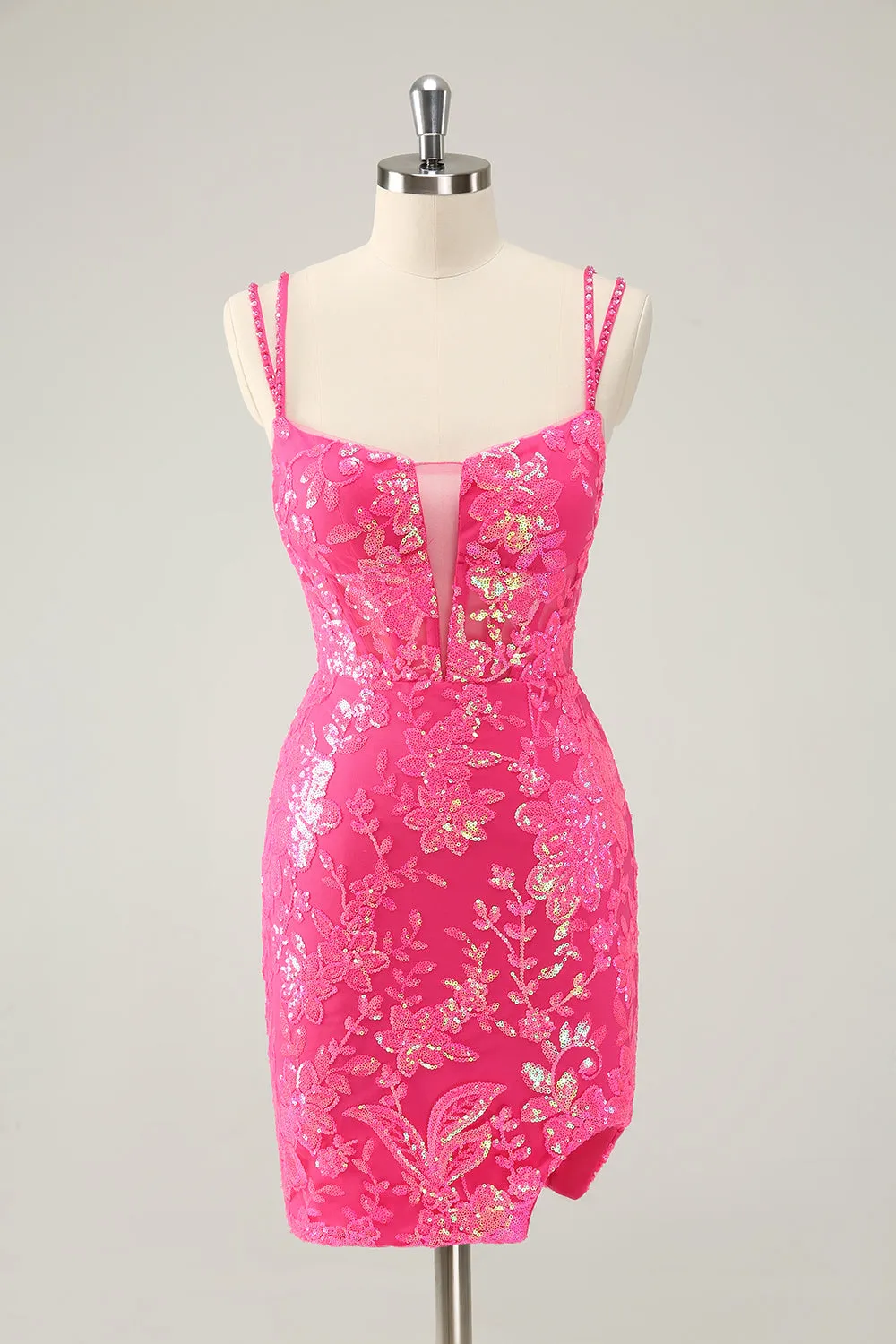 Gorgeous Hot Pink Bodycon Lace Up Glittler Mini Dress with Slit