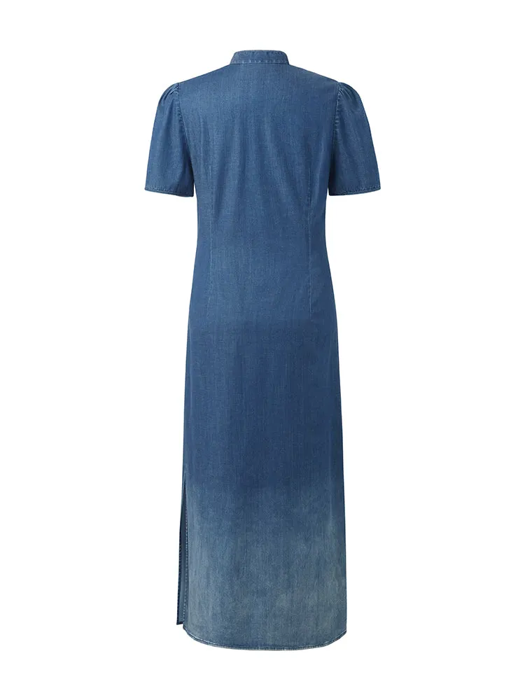 Gradient Denim Women Qipao Midi Dress