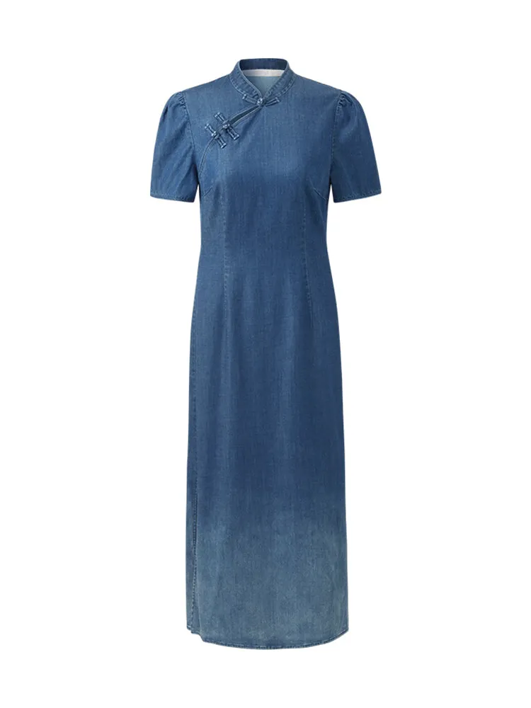 Gradient Denim Women Qipao Midi Dress