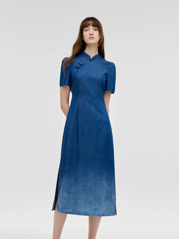 Gradient Denim Women Qipao Midi Dress