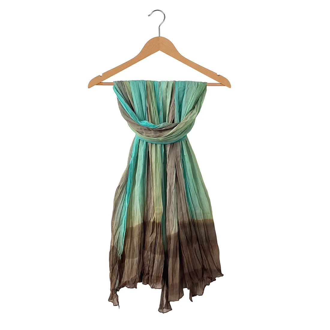 Green & Brown Abstract Ombre Pleated Polyester Scarf