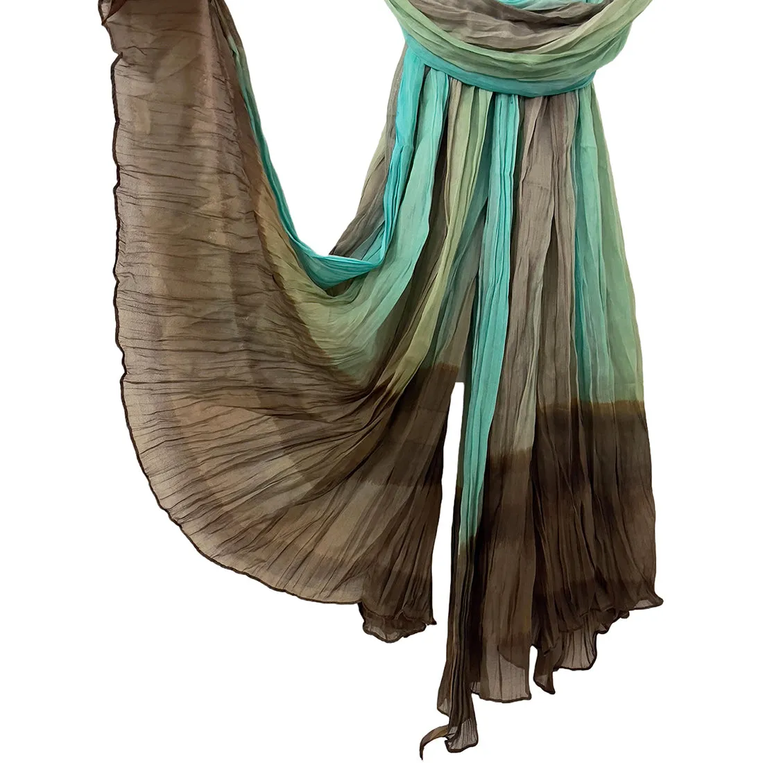 Green & Brown Abstract Ombre Pleated Polyester Scarf