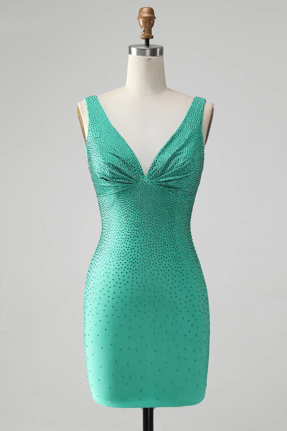 Green Bodycon V Neck Backless Mini Dress with Beading