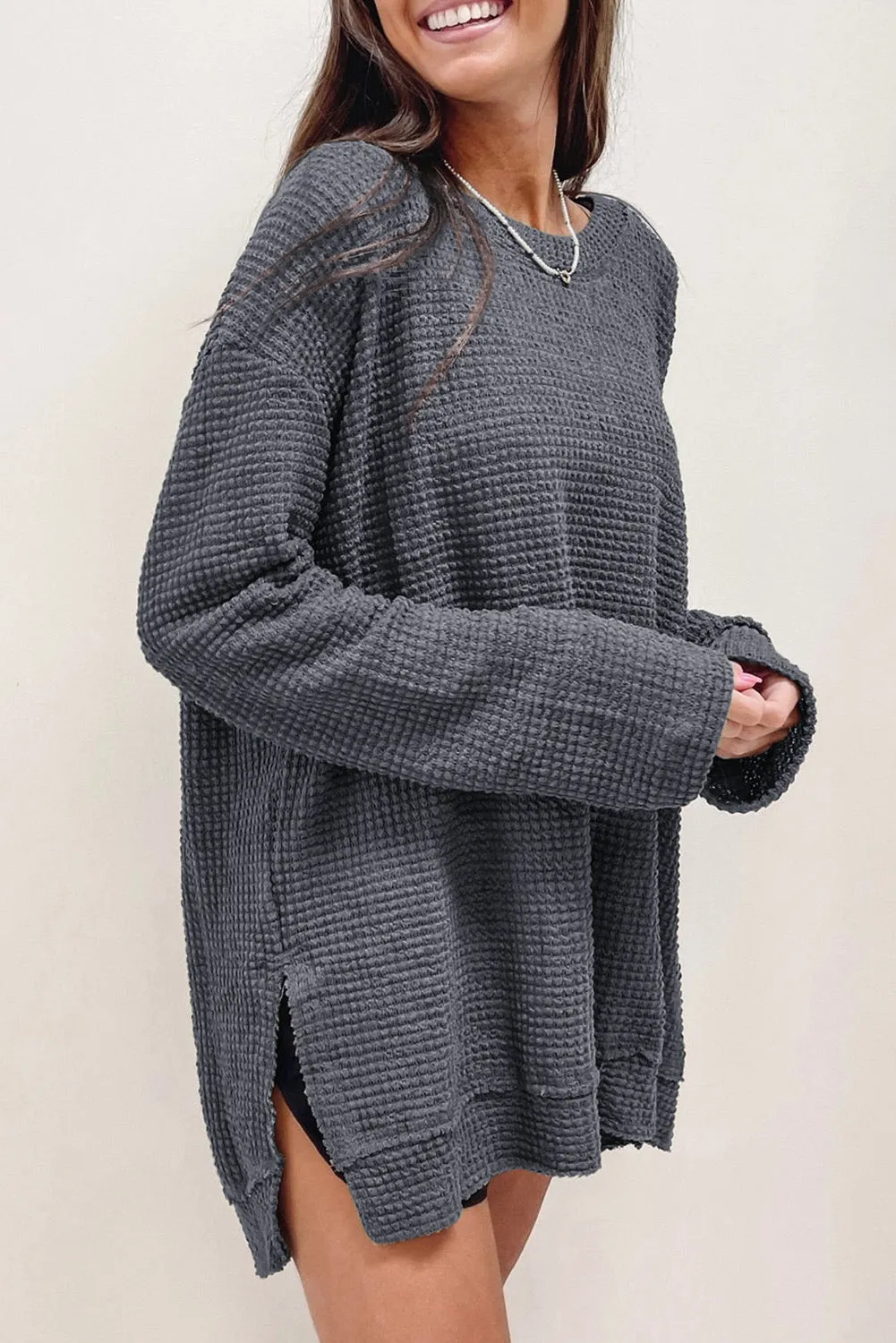 Green Waffle Knit Drop Sleeve High Slits Oversized Top