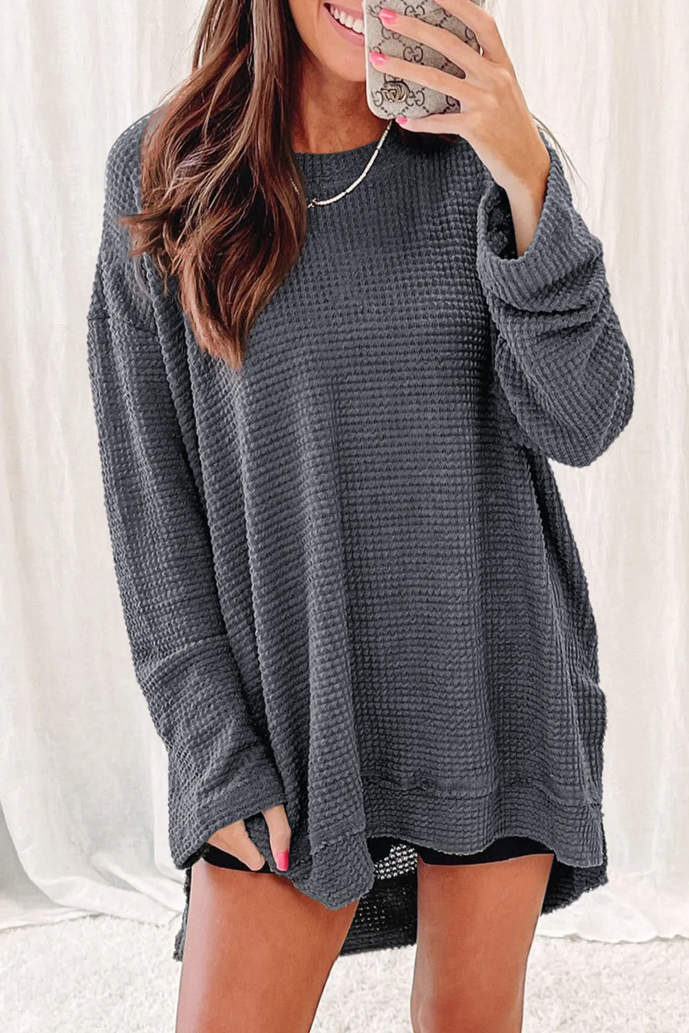 Green Waffle Knit Drop Sleeve High Slits Oversized Top