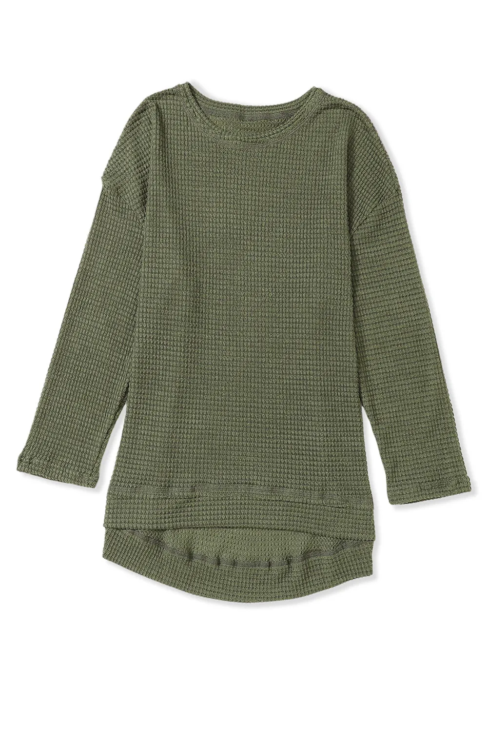 Green Waffle Knit Drop Sleeve High Slits Oversized Top