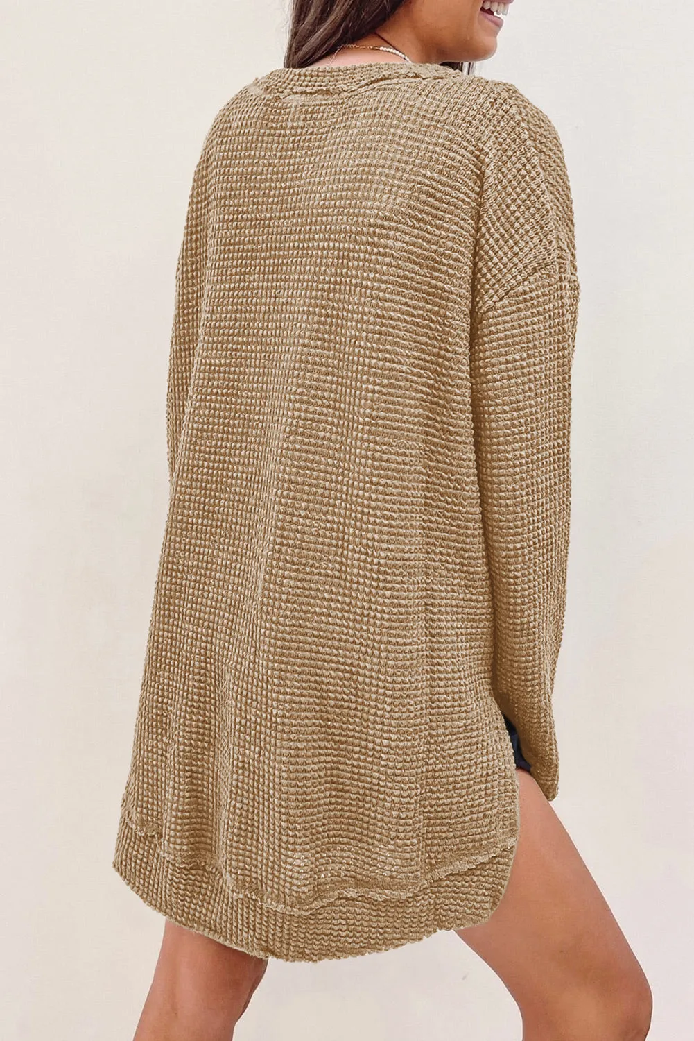 Green Waffle Knit Drop Sleeve High Slits Oversized Top