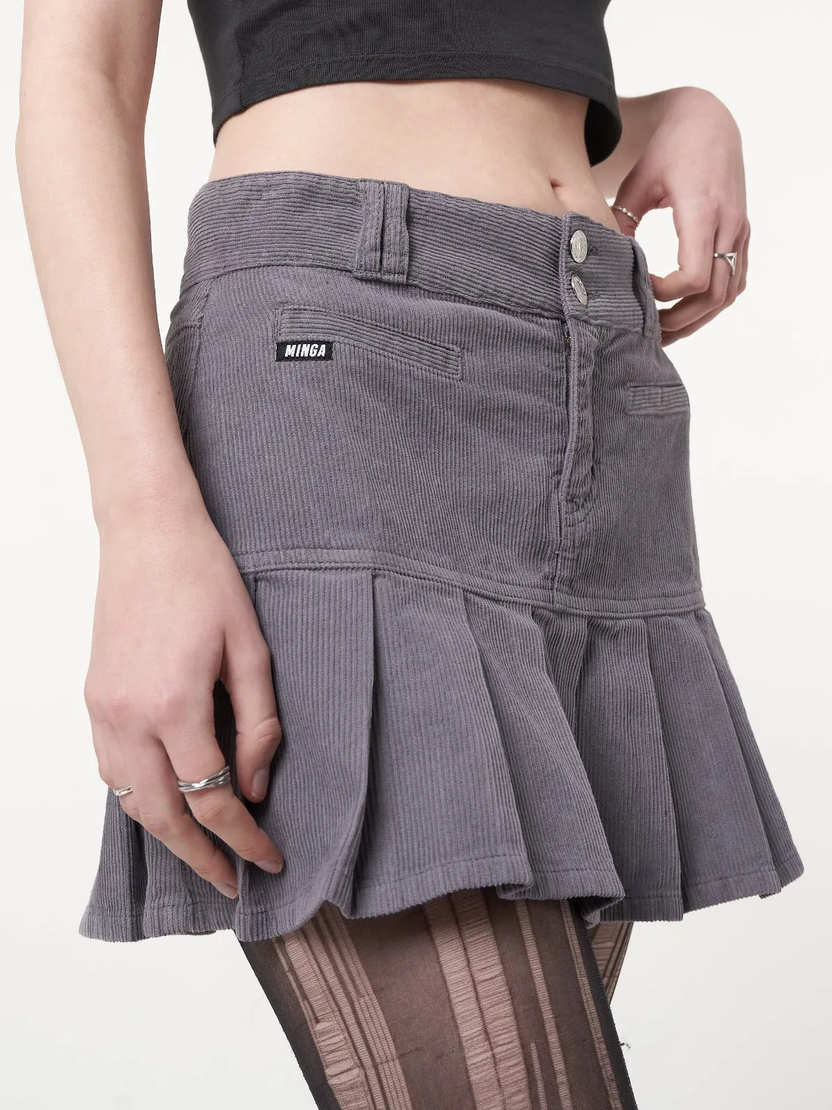 Grey Corduroy Pleated Mini Skirt