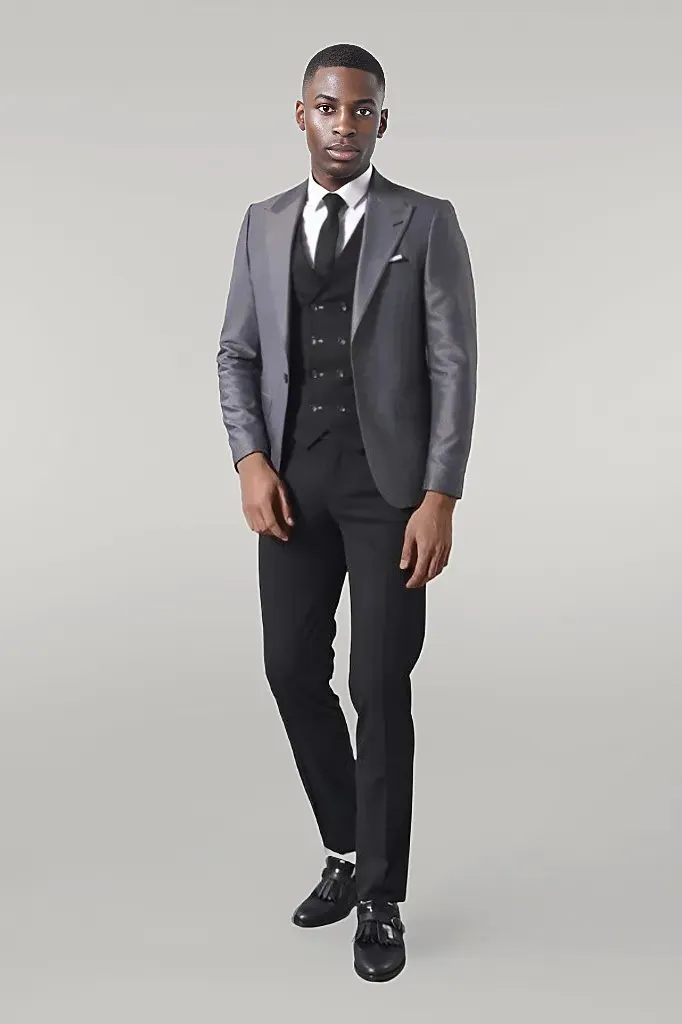 Grey Jacket Combined Black Suit - Wessi