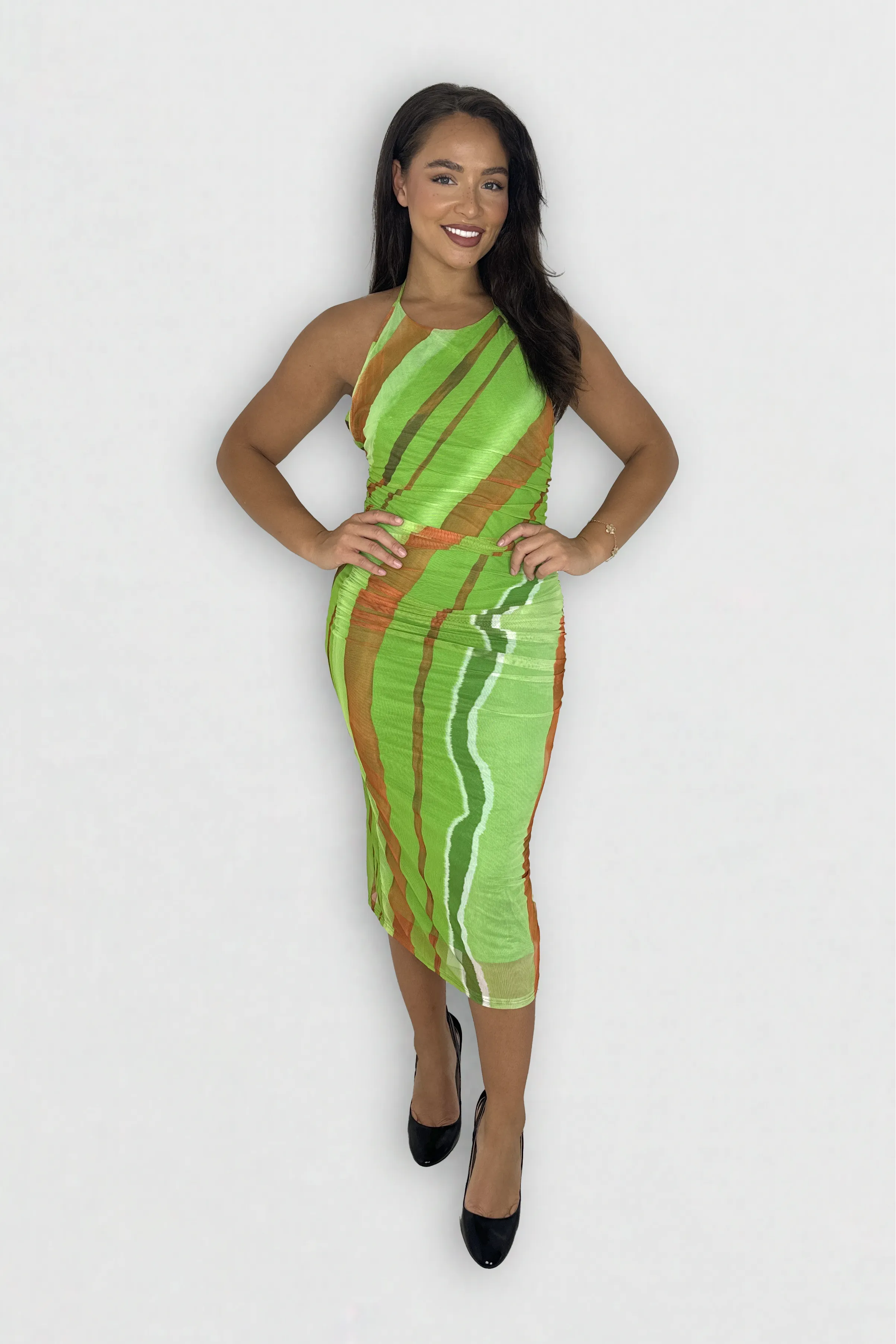 Halter Neck Multicolour Tie Dye Midi Bodycon Mesh Dress