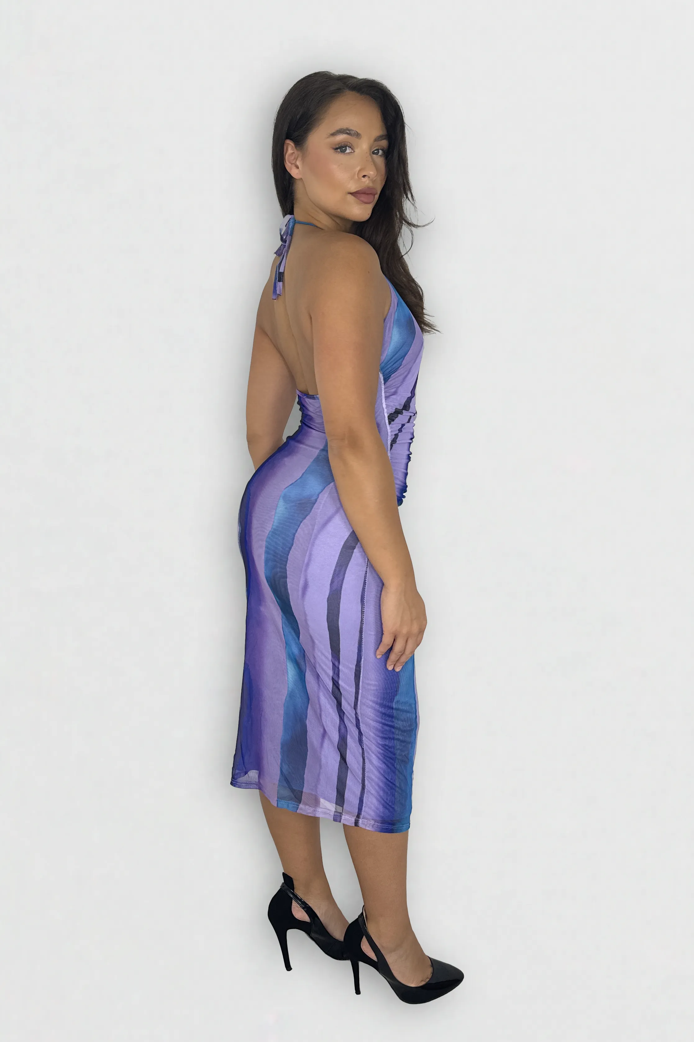 Halter Neck Multicolour Tie Dye Midi Bodycon Mesh Dress