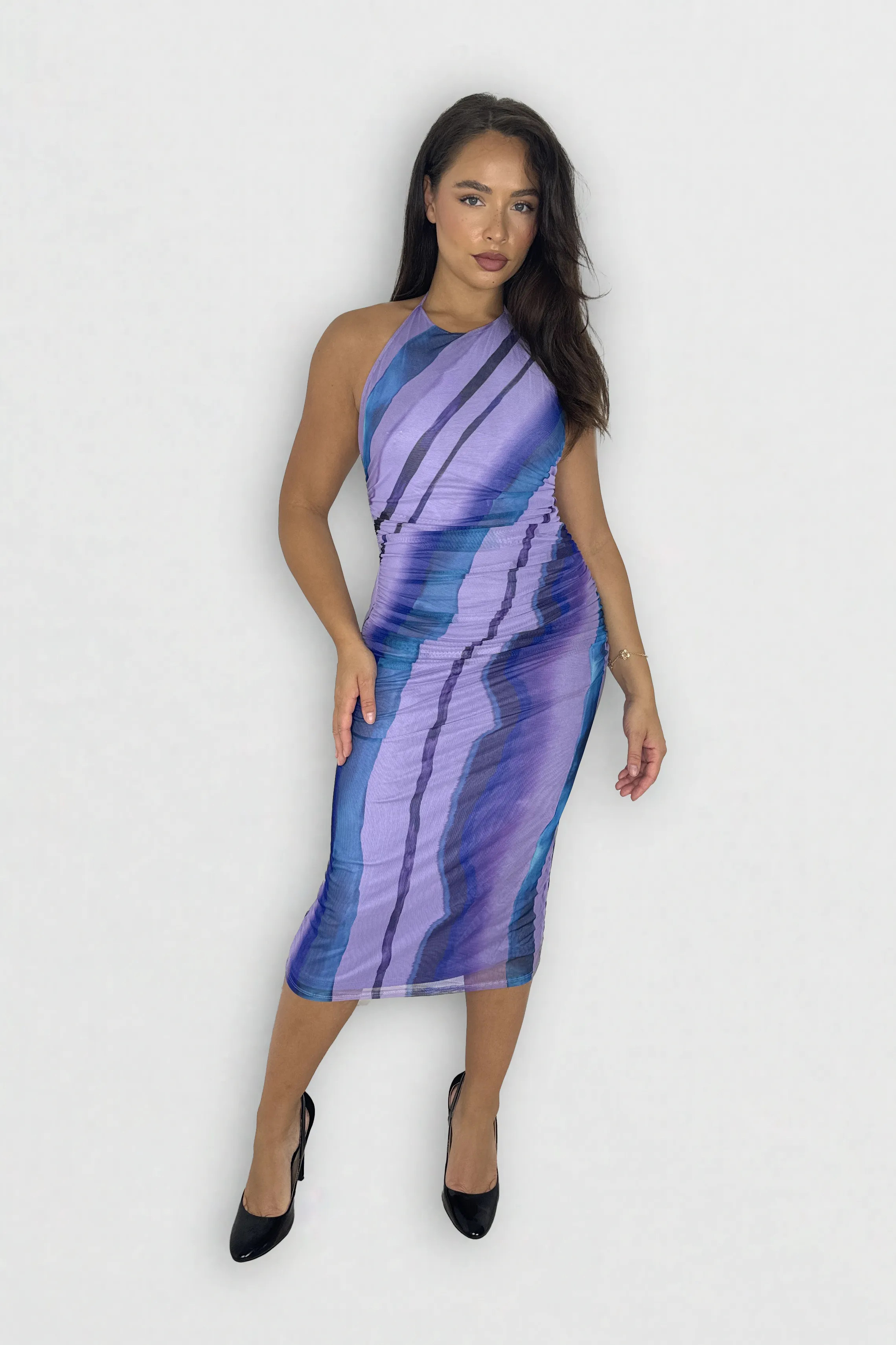 Halter Neck Multicolour Tie Dye Midi Bodycon Mesh Dress