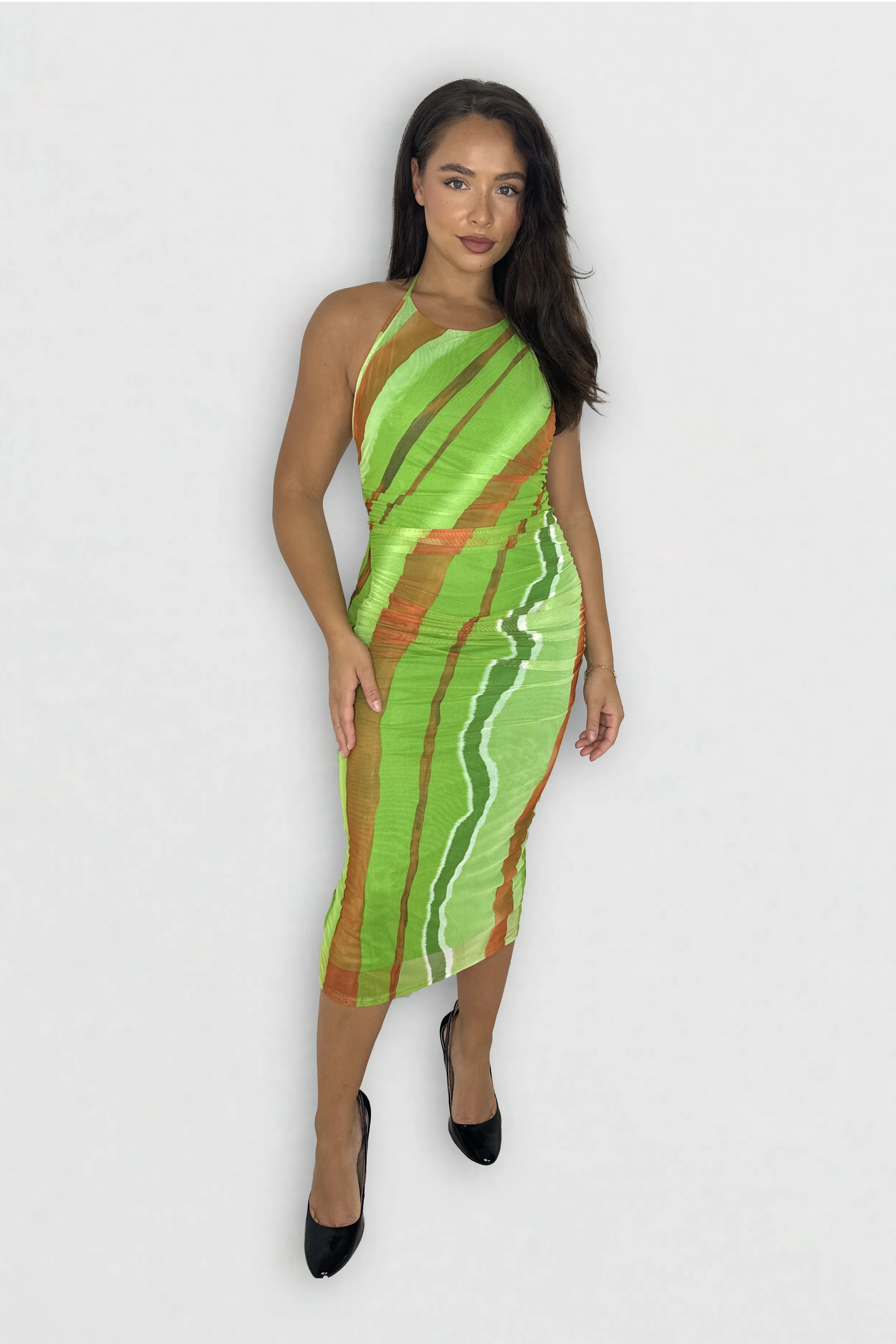 Halter Neck Multicolour Tie Dye Midi Bodycon Mesh Dress