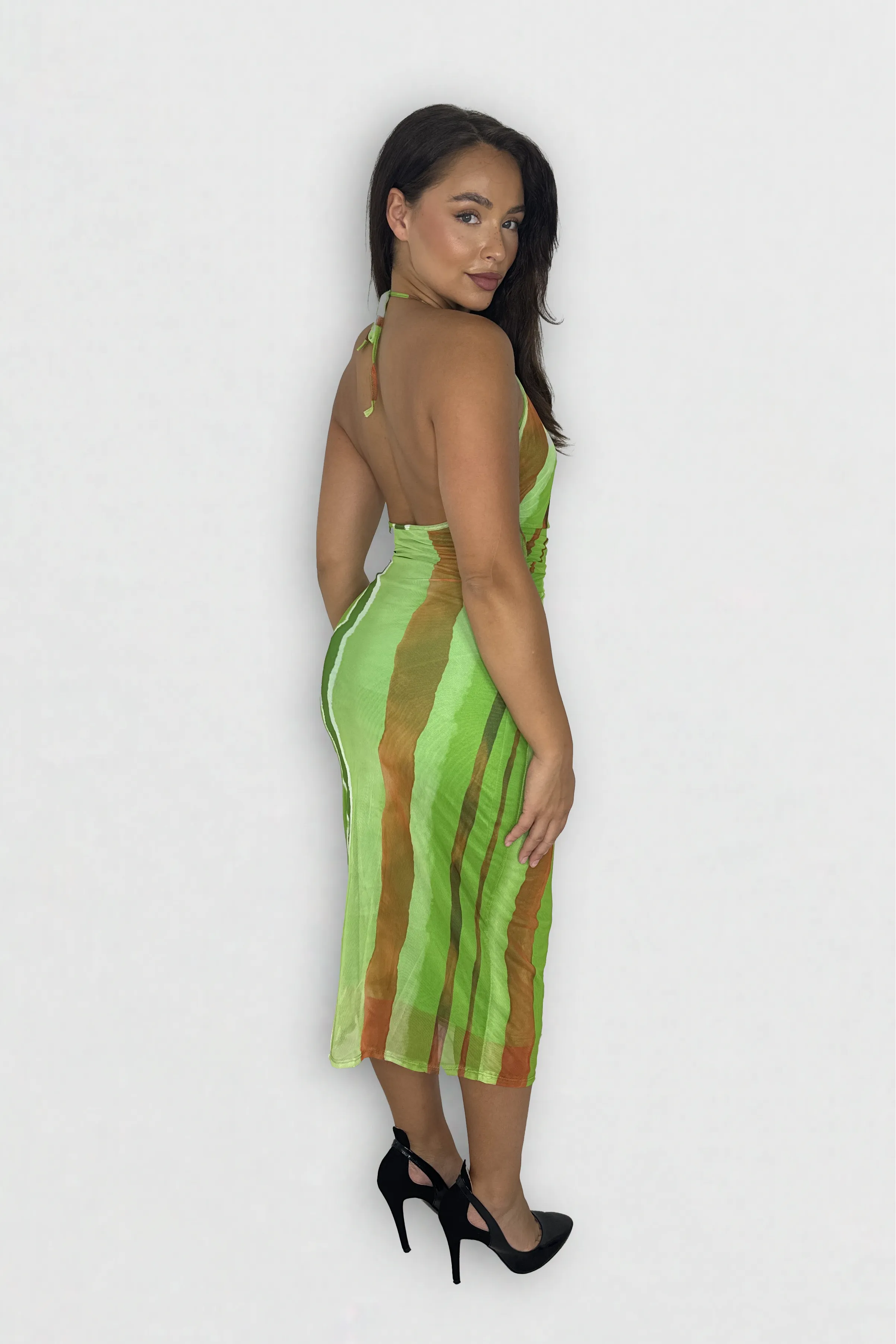 Halter Neck Multicolour Tie Dye Midi Bodycon Mesh Dress