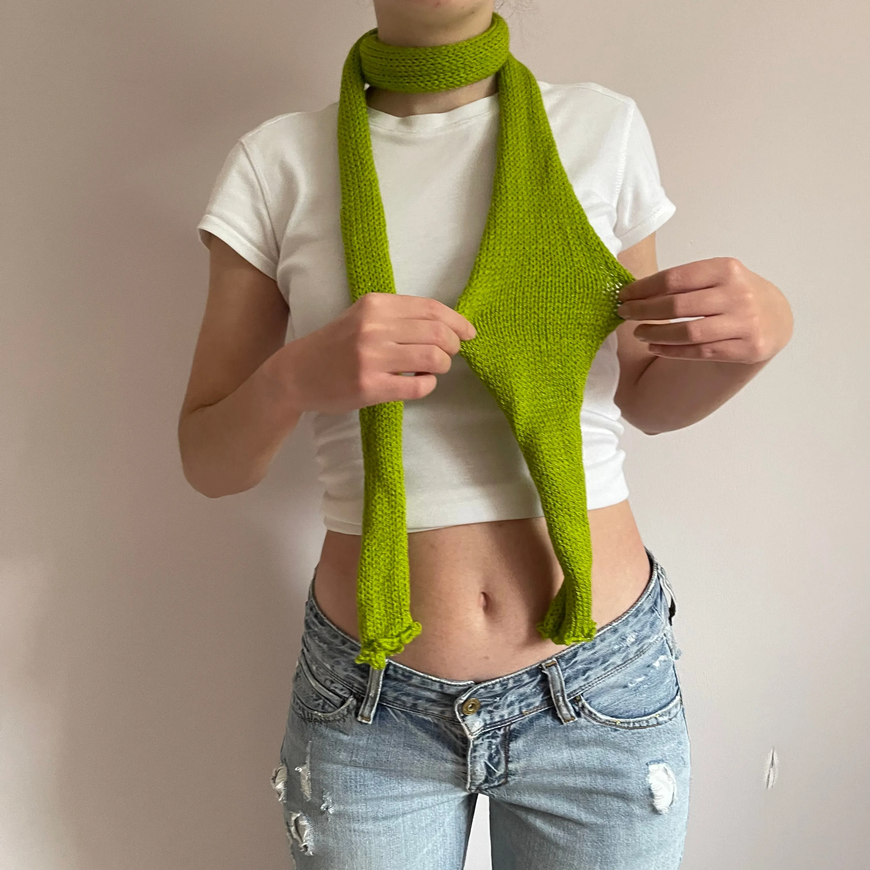 Handmade knitted skinny scarf in olive green