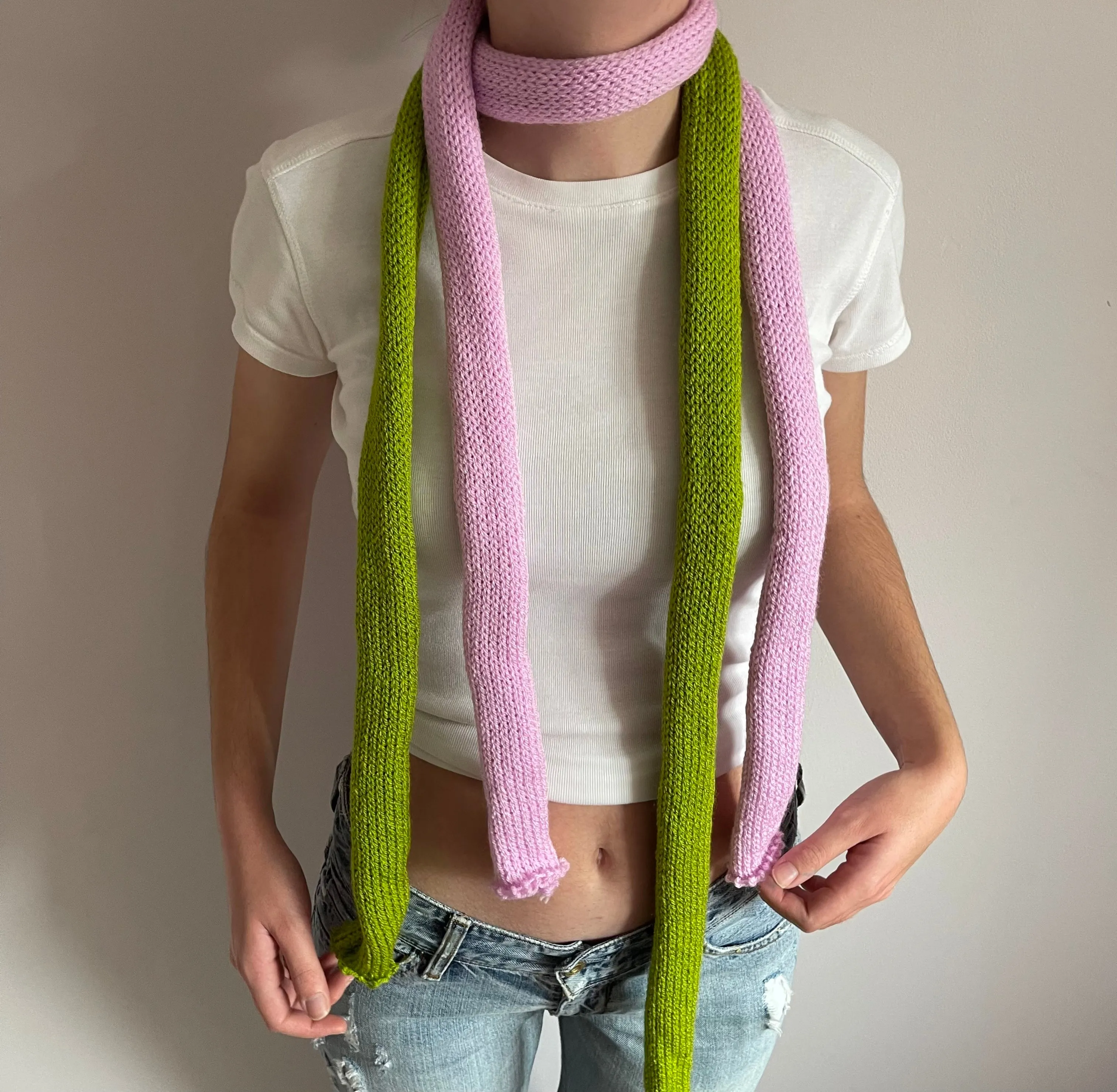 Handmade knitted skinny scarf in olive green