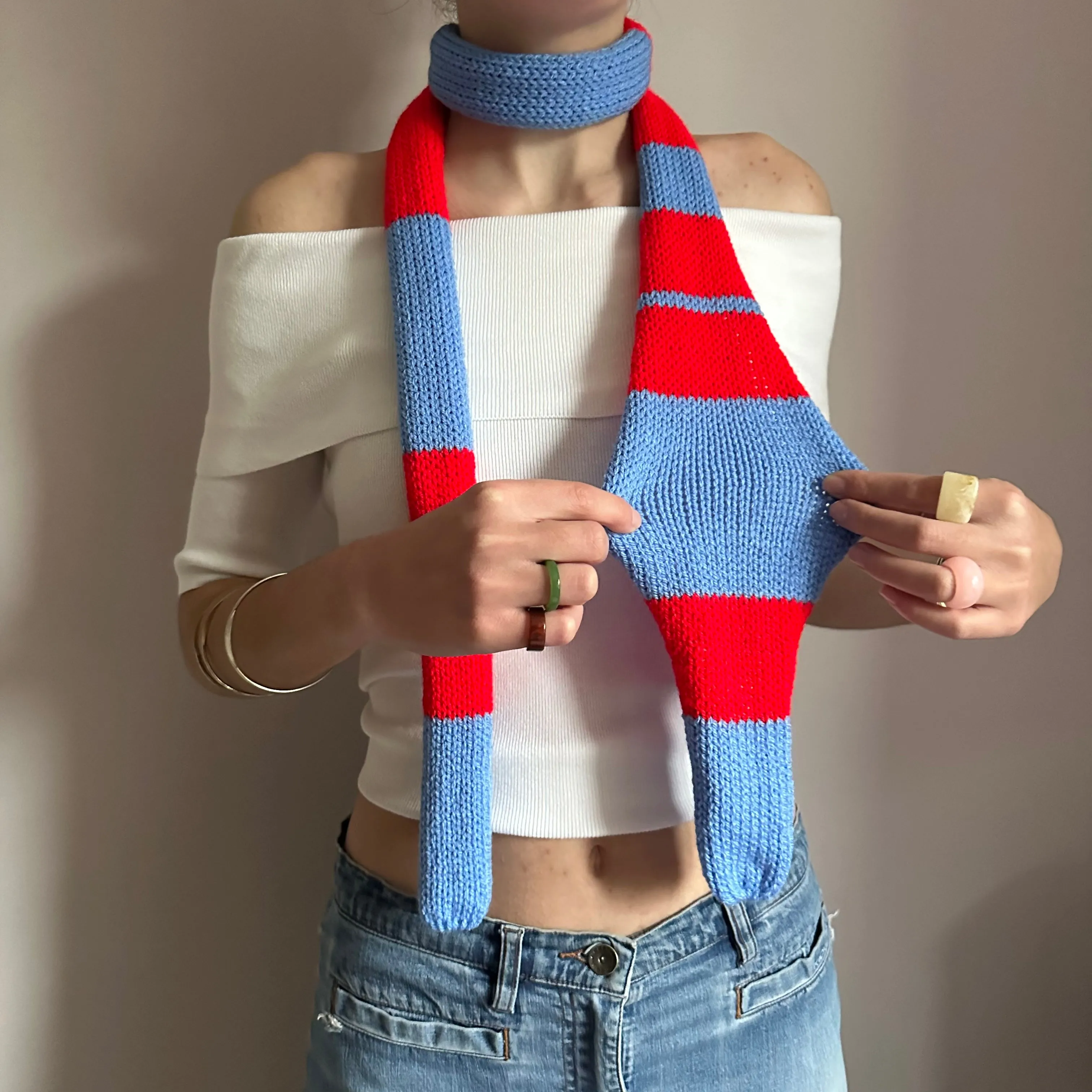 Handmade knitted stripy skinny scarf in red and blue