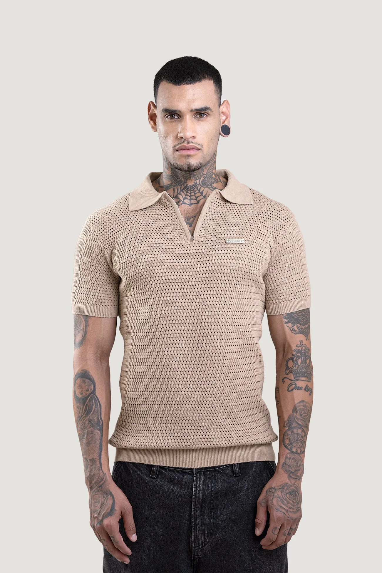 Honey Combe Beige Textured Polo T-Shirt