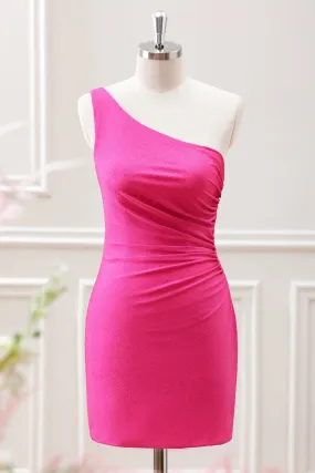 Hot Pink One Shoulder Pleated Hollow Out Bodycon Mini Dress