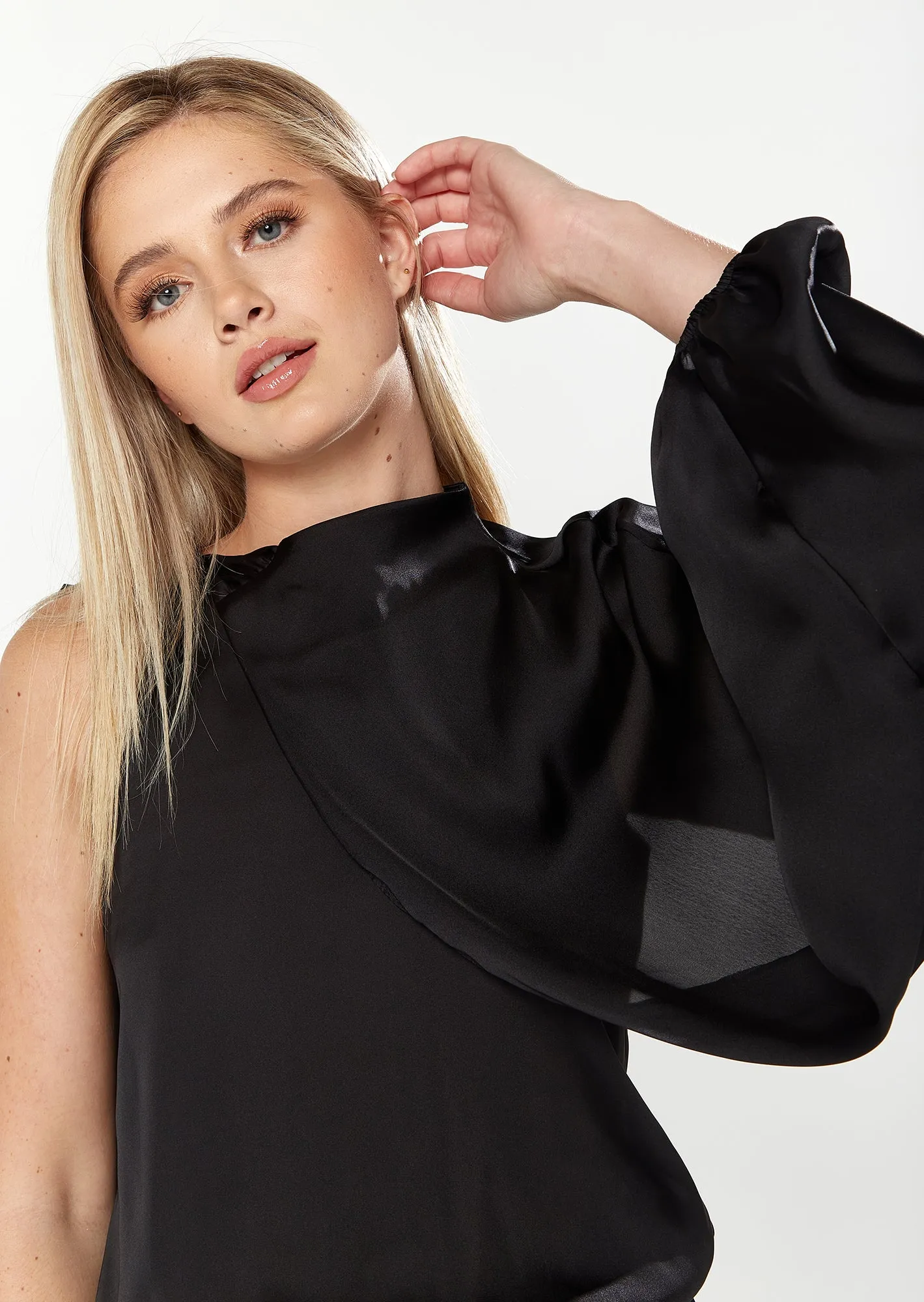 House Of Holland Asymmetric Voluminous Sleeve Top In  Black