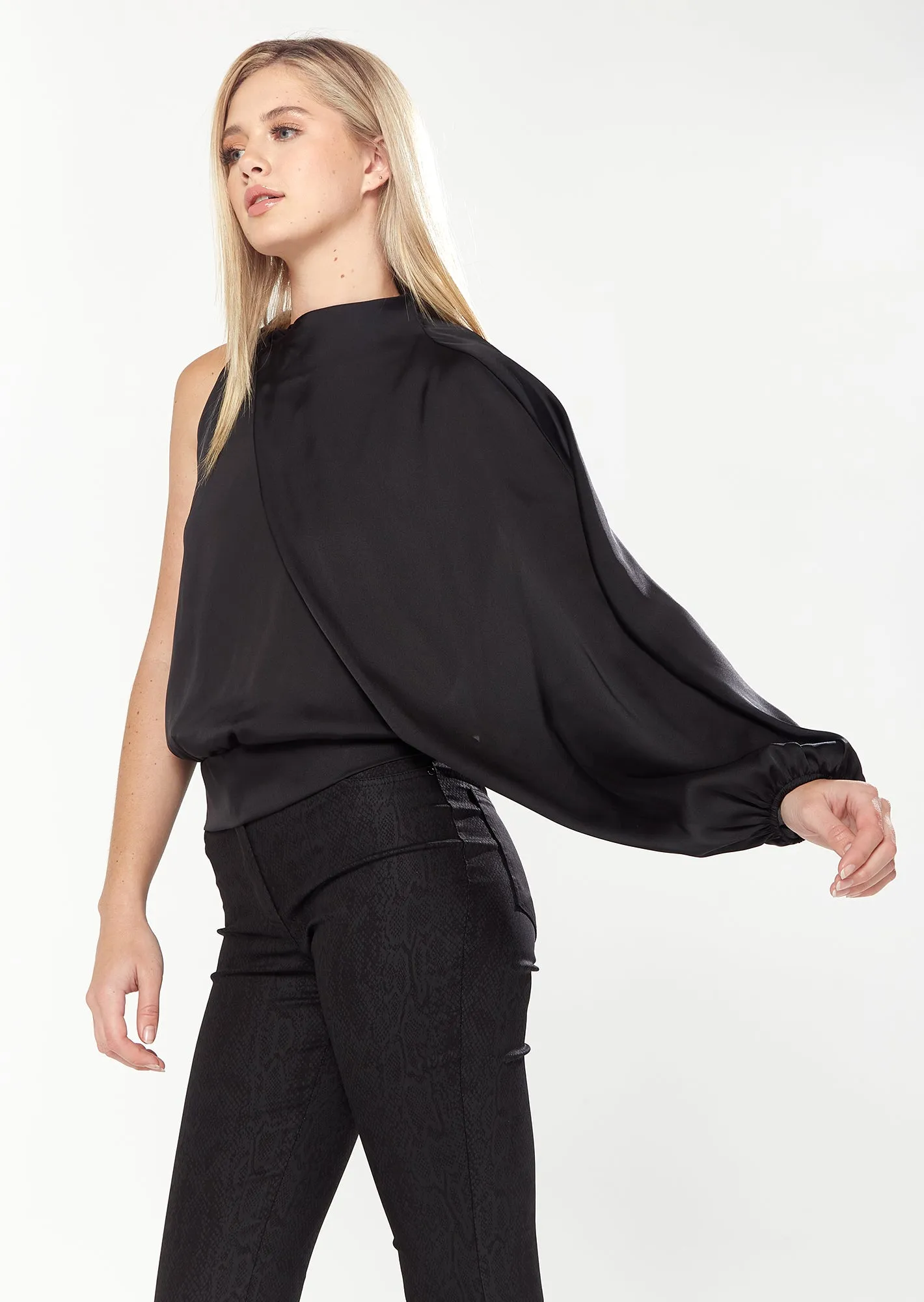 House Of Holland Asymmetric Voluminous Sleeve Top In  Black