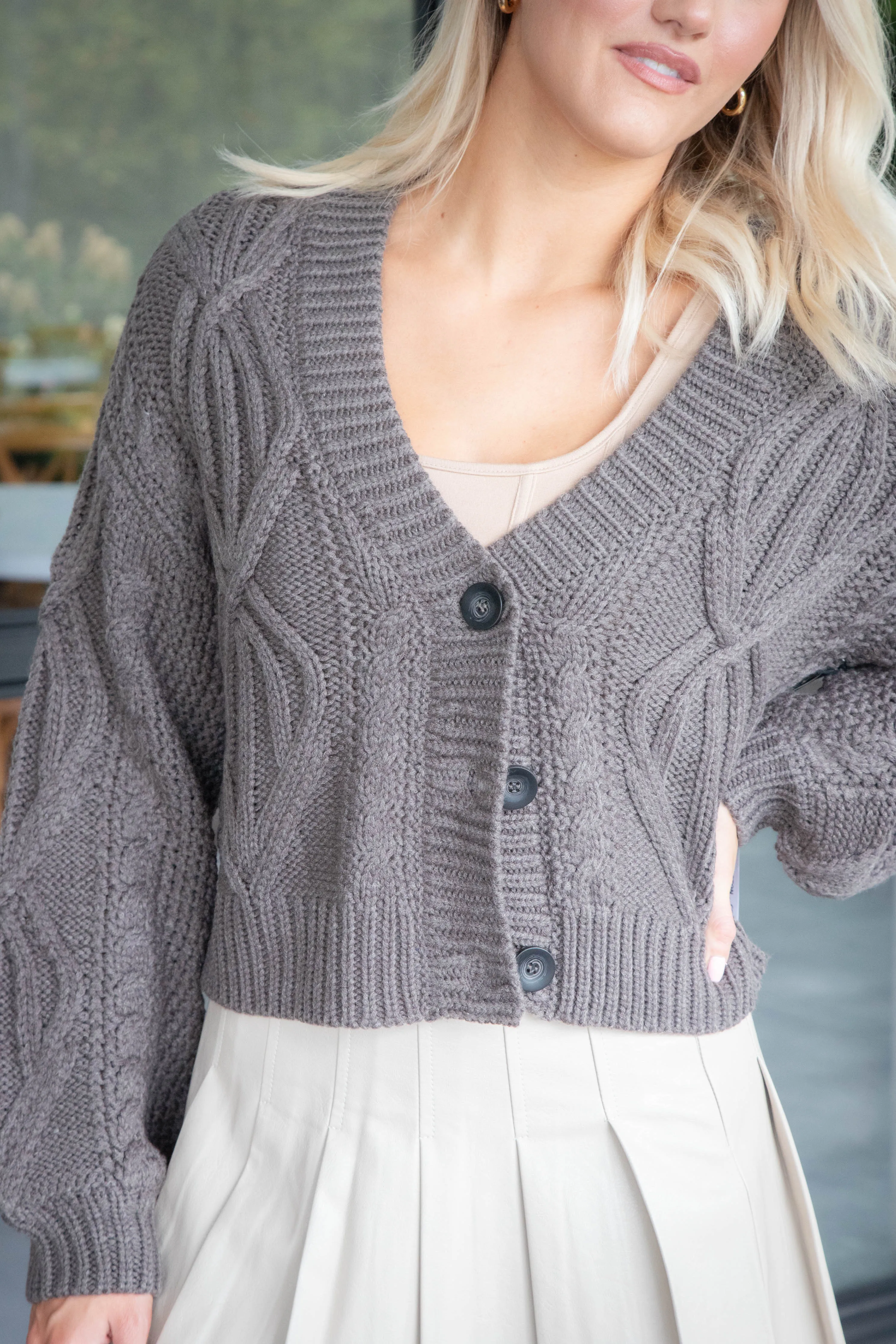 Ignacia V-Neck Cardigan, Bark | RD Style