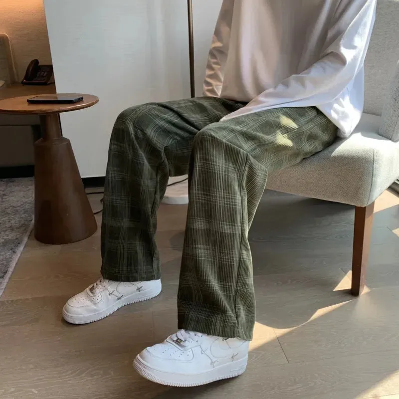 Ilooove Spring Men Checkered Casual Pants Loose Straight Corduroy Pants Sweatpants an Hip Hop Men's Streetwear Wide Leg Pants