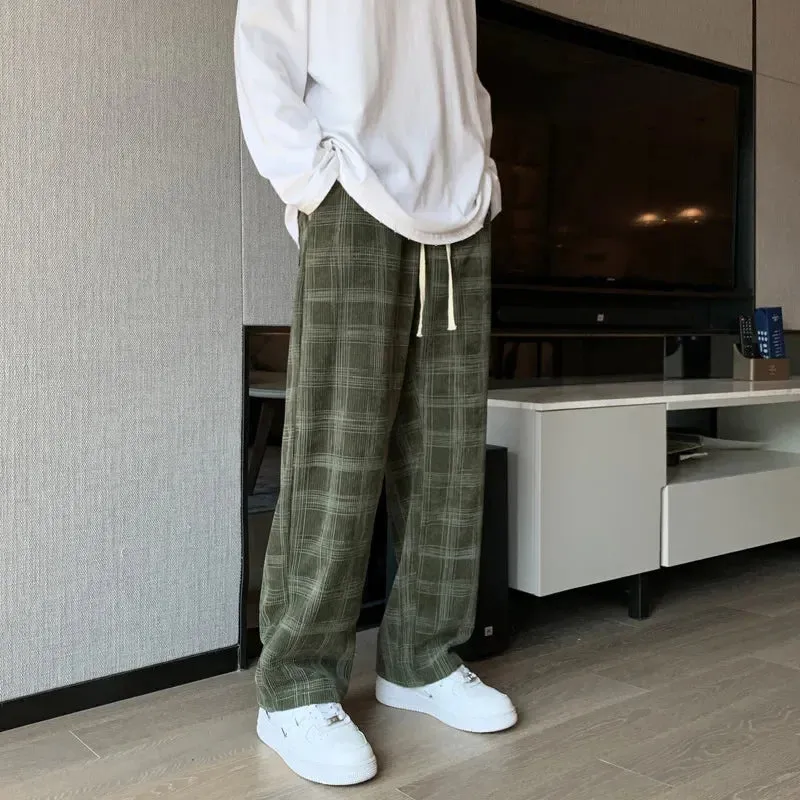 Ilooove Spring Men Checkered Casual Pants Loose Straight Corduroy Pants Sweatpants an Hip Hop Men's Streetwear Wide Leg Pants