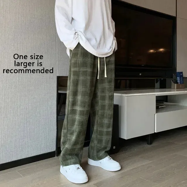 Ilooove Spring Men Checkered Casual Pants Loose Straight Corduroy Pants Sweatpants an Hip Hop Men's Streetwear Wide Leg Pants