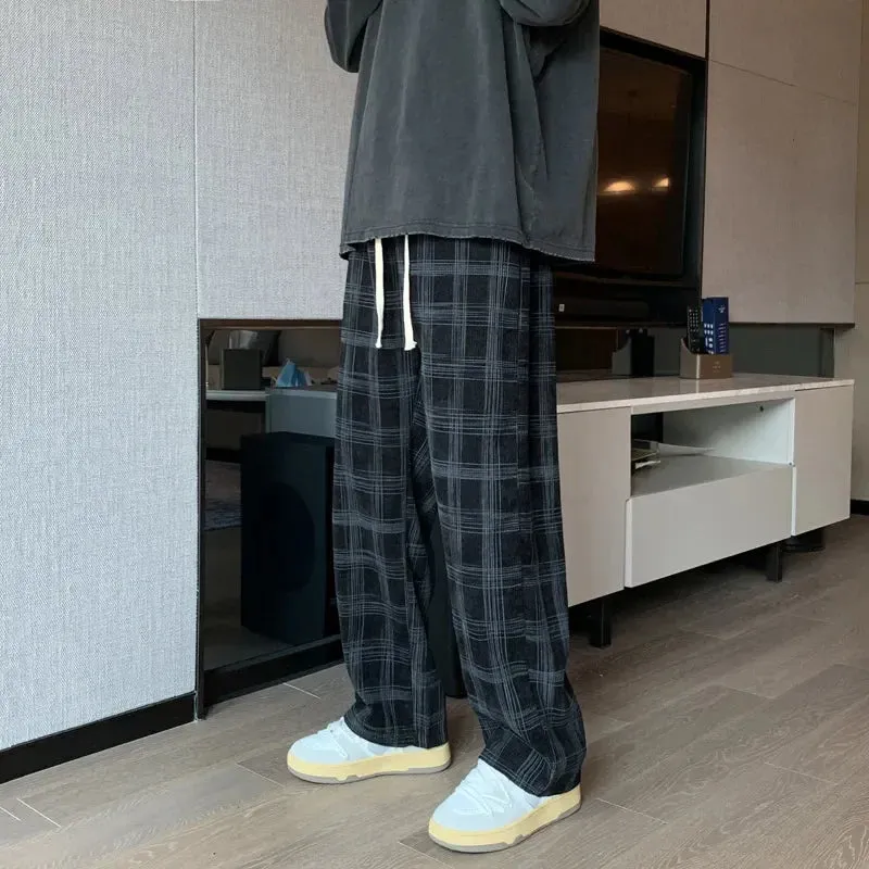 Ilooove Spring Men Checkered Casual Pants Loose Straight Corduroy Pants Sweatpants an Hip Hop Men's Streetwear Wide Leg Pants