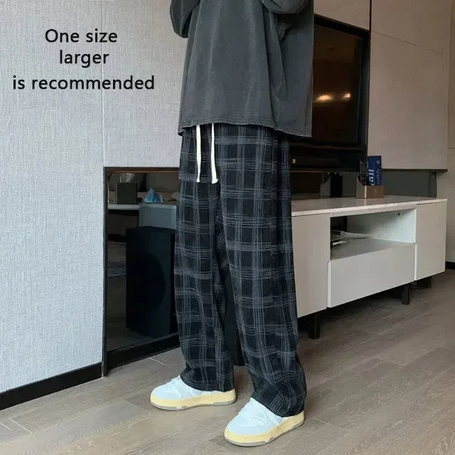 Ilooove Spring Men Checkered Casual Pants Loose Straight Corduroy Pants Sweatpants an Hip Hop Men's Streetwear Wide Leg Pants