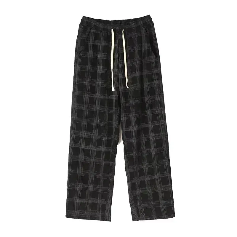 Ilooove Spring Men Checkered Casual Pants Loose Straight Corduroy Pants Sweatpants an Hip Hop Men's Streetwear Wide Leg Pants