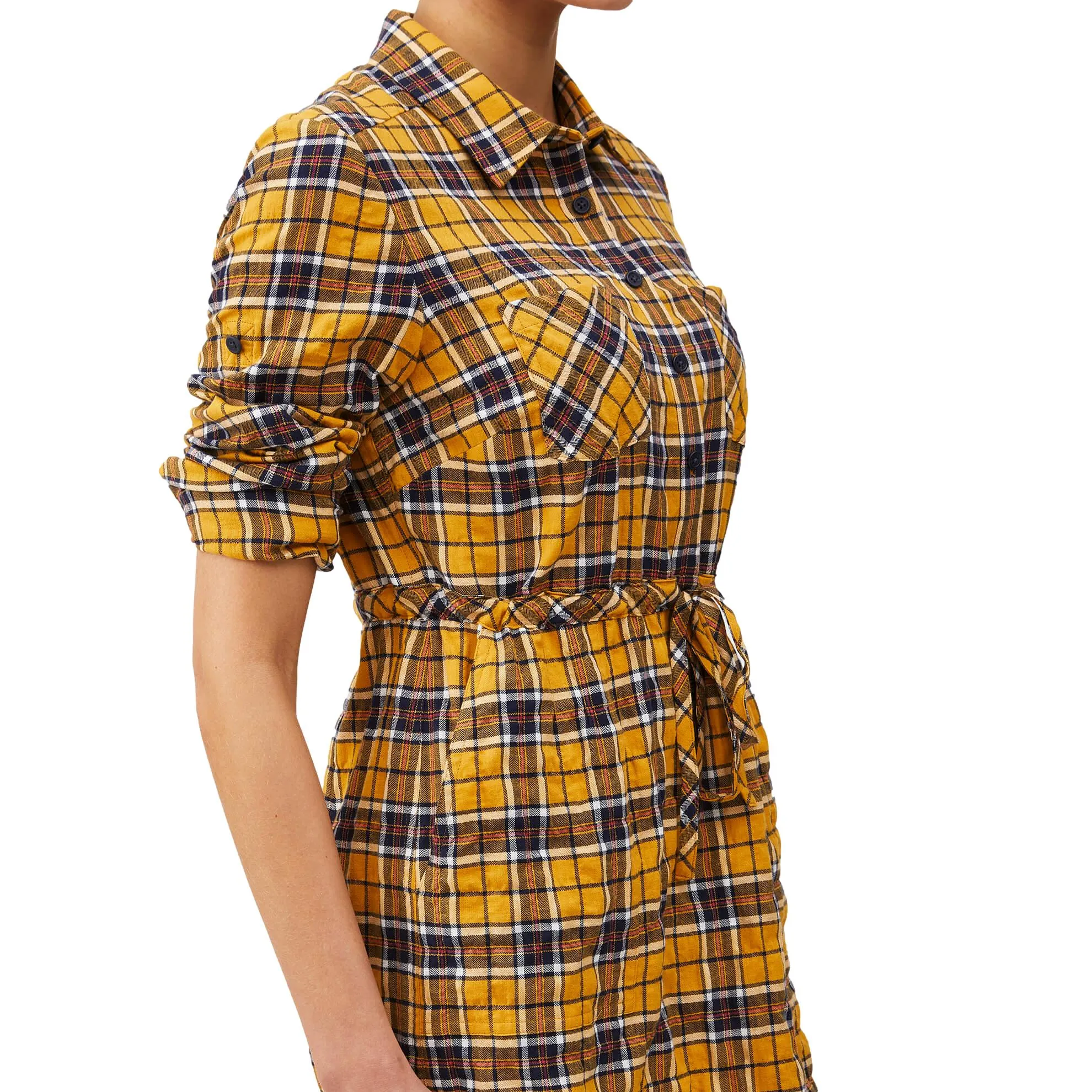 J. Peterman Women's Modern Fit Double Pocket Adjustable Tie Waist Plaid Shirtdress with Long Sleeves