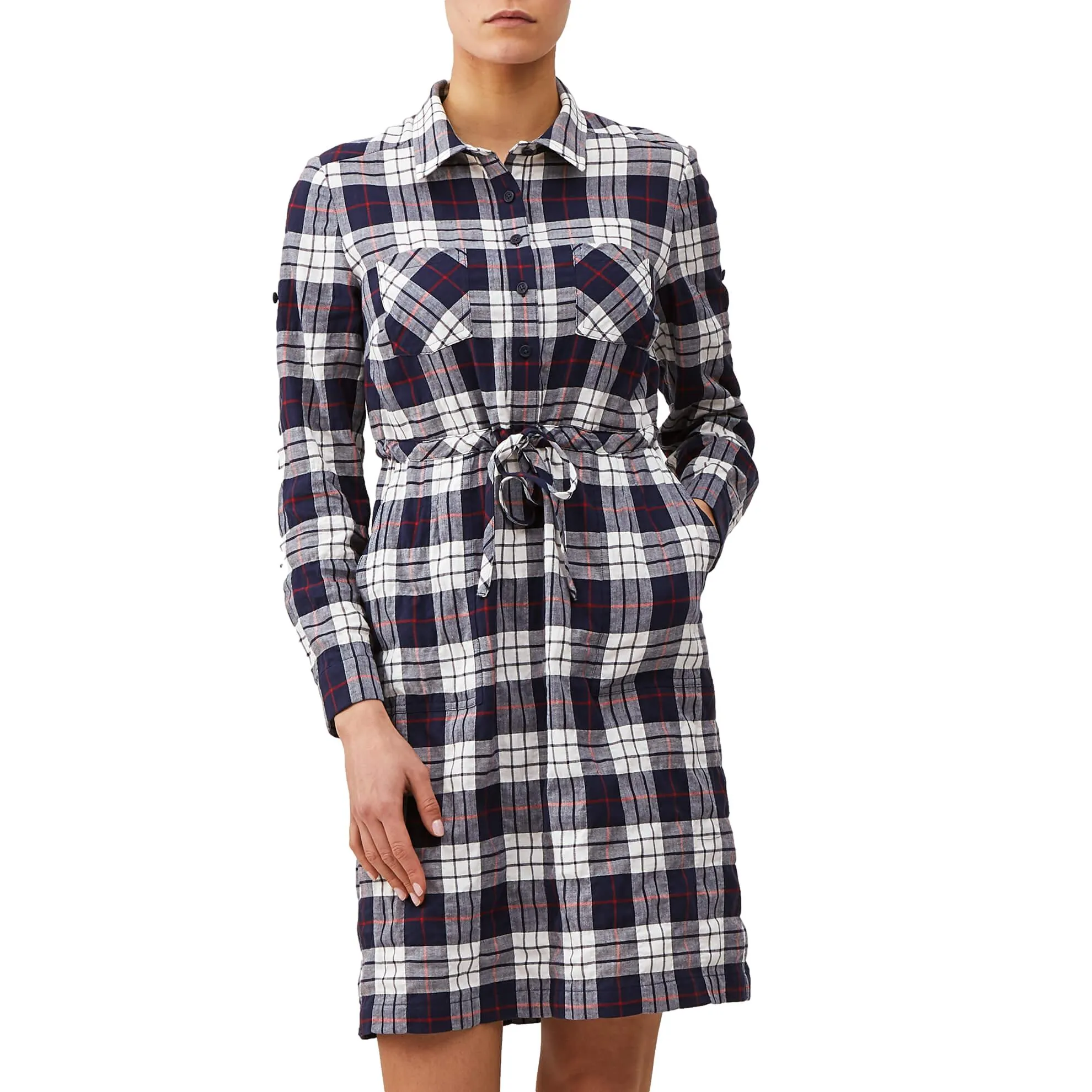 J. Peterman Women's Modern Fit Double Pocket Adjustable Tie Waist Plaid Shirtdress with Long Sleeves