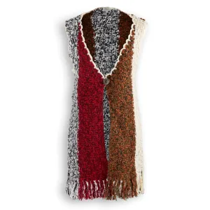 J. Peterman Women's Multi-Color Paneled Cap Sleeve Long Crochet Vest with Fringe