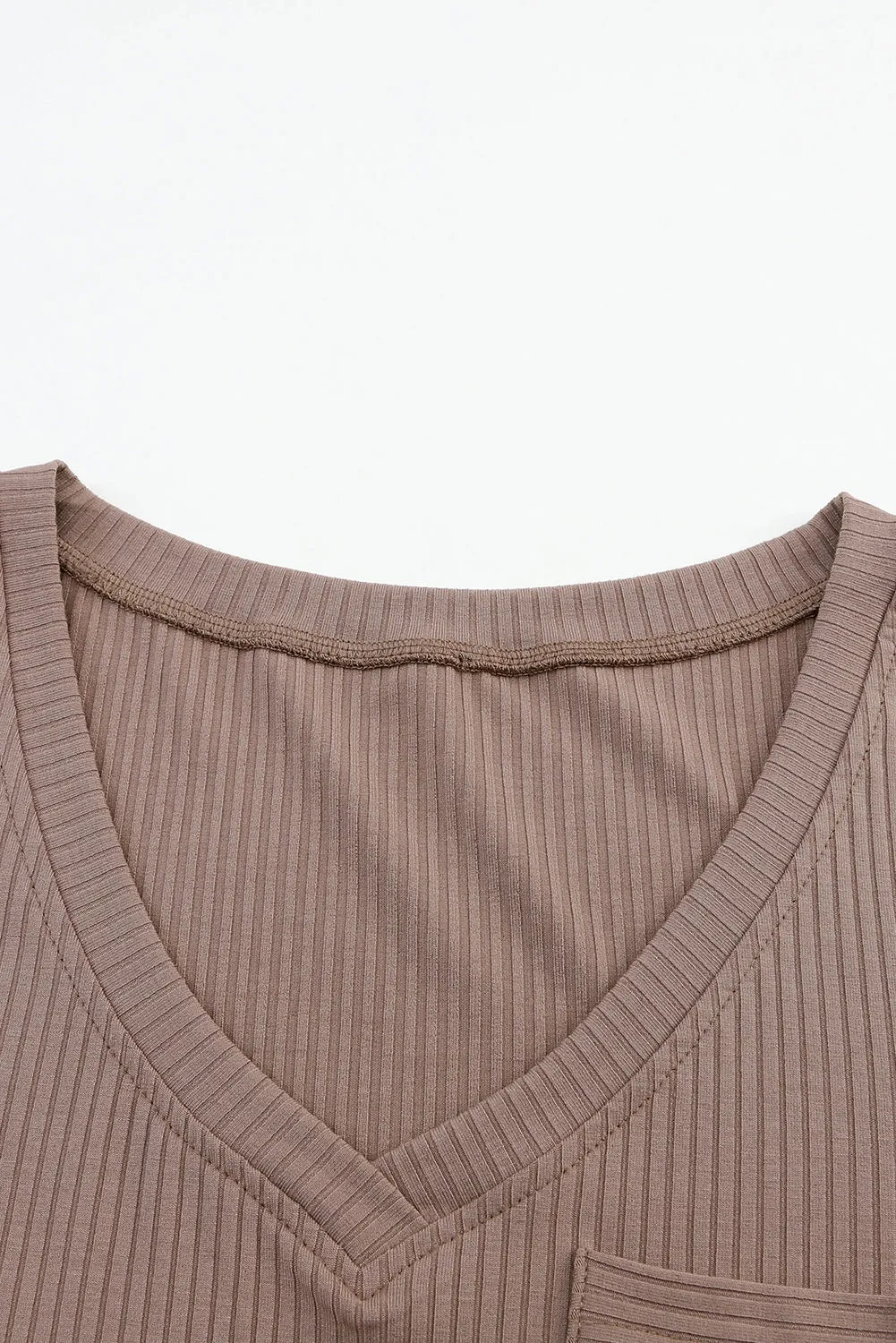 Khaki Ribbed Knit Patched Chest Pocket V Neck Top