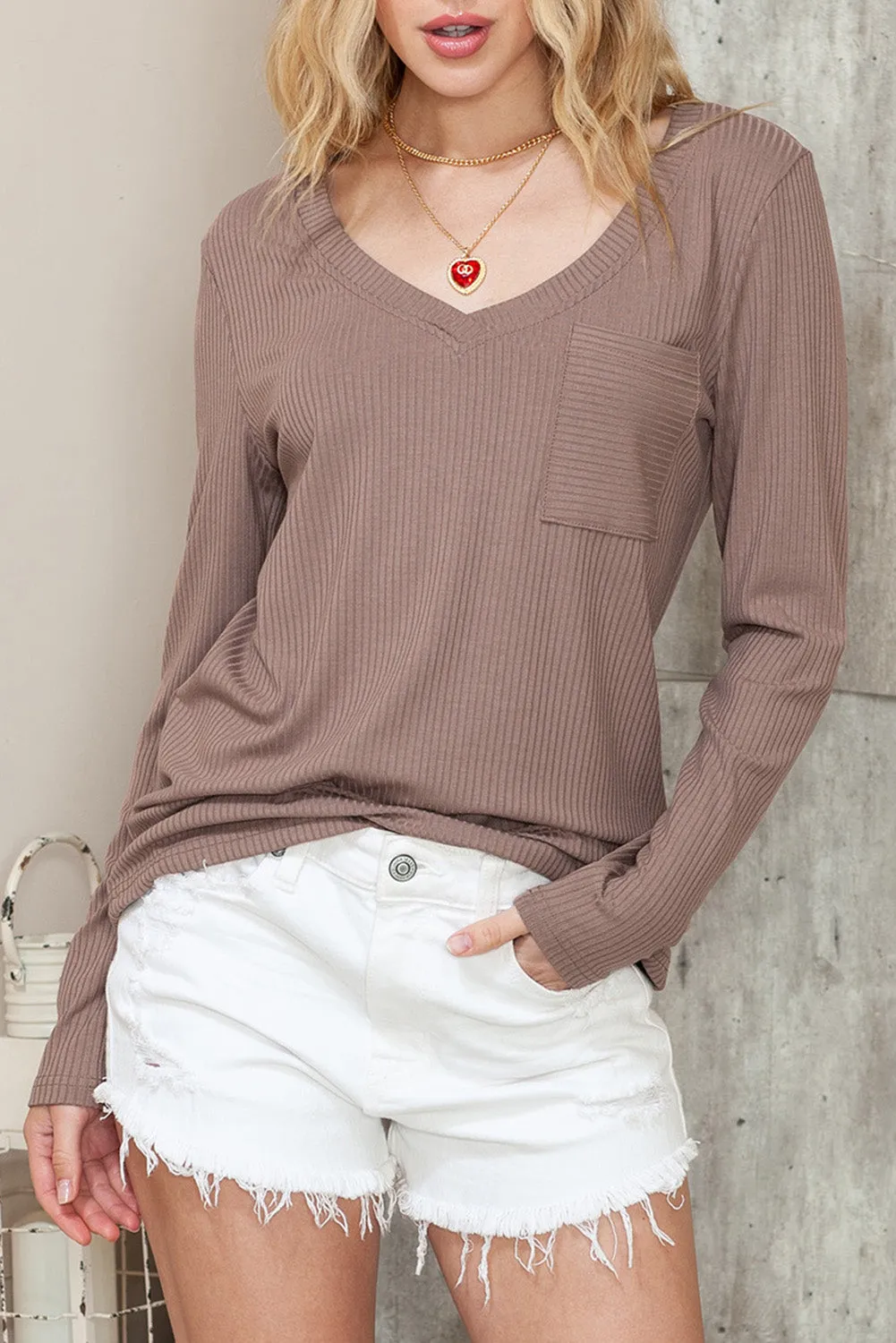 Khaki Ribbed Knit Patched Chest Pocket V Neck Top