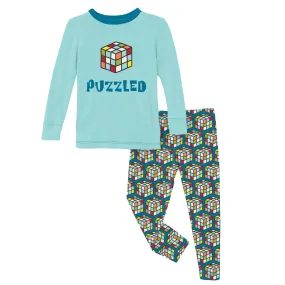 KicKee Pants Cerulean Blue Puzzle Cube Graphic Tee L/S Pajama Set