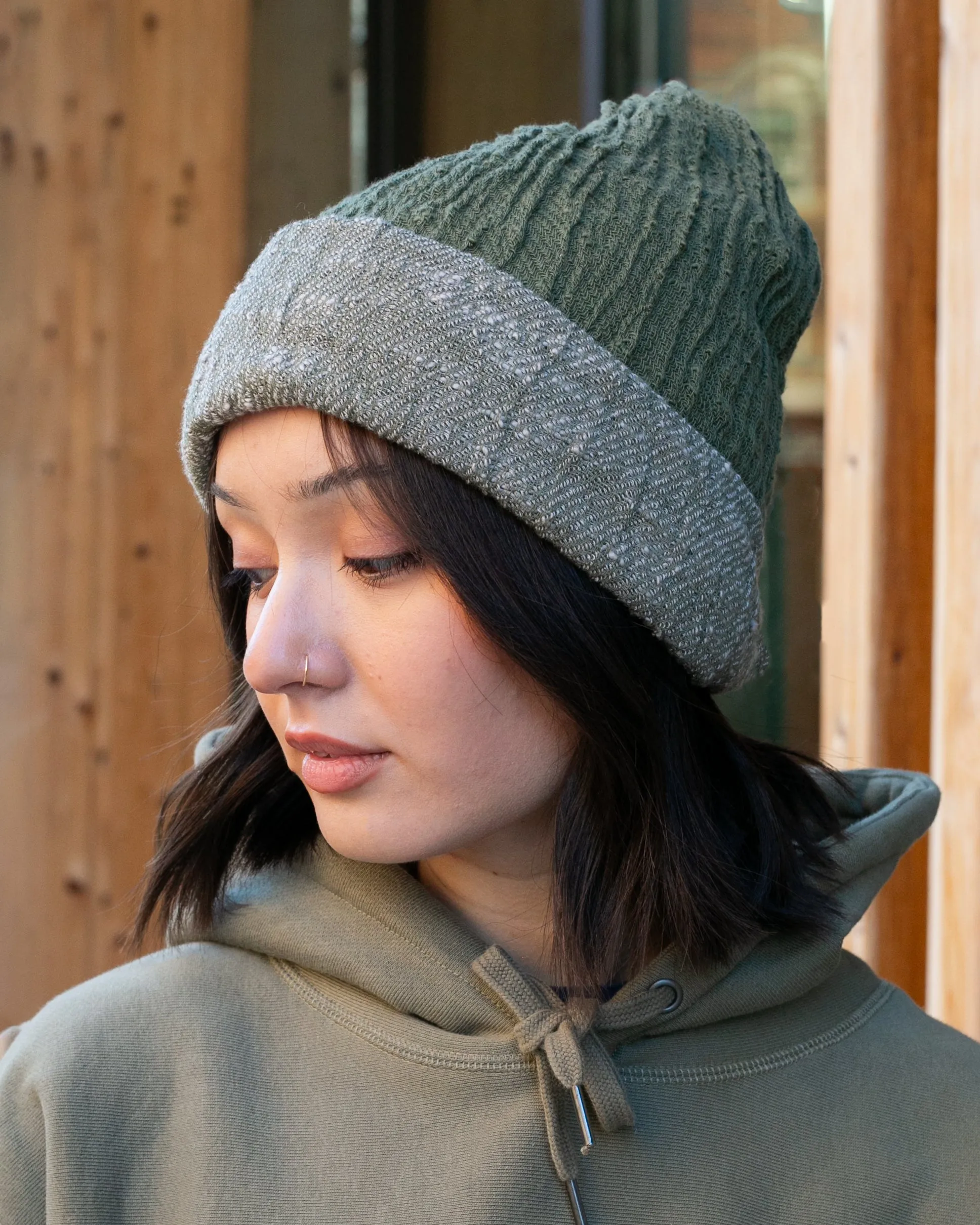 Kobo Oriza Knit Cap, Cotton Multi Functional, Split Green and Gray, 9 ˝