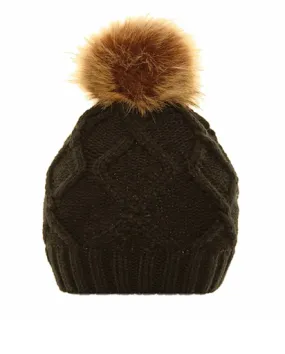 Ladies Michy Cable Knit Bobble Hat Fuax Poms - Black