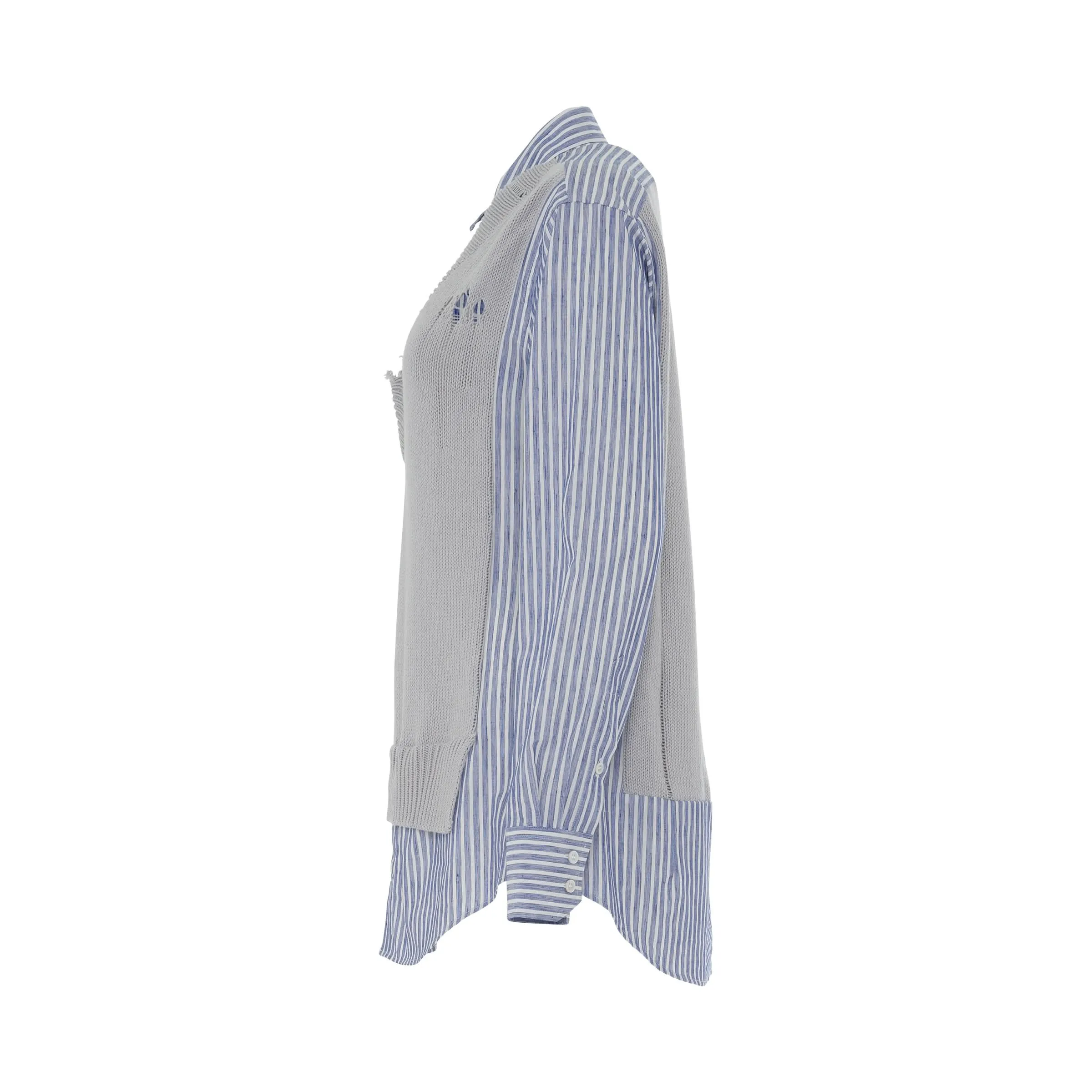 Layered Striped Cotton Shirt with Wool Vest in Blue/Grey