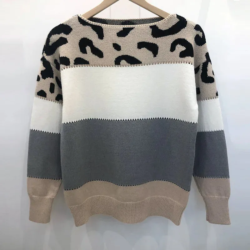 Leopard Women's Sweater Fashion Long Sleeve Tops Knitted Pullovers Pink Knitwears Autumn Winter Clothes For Women 2024